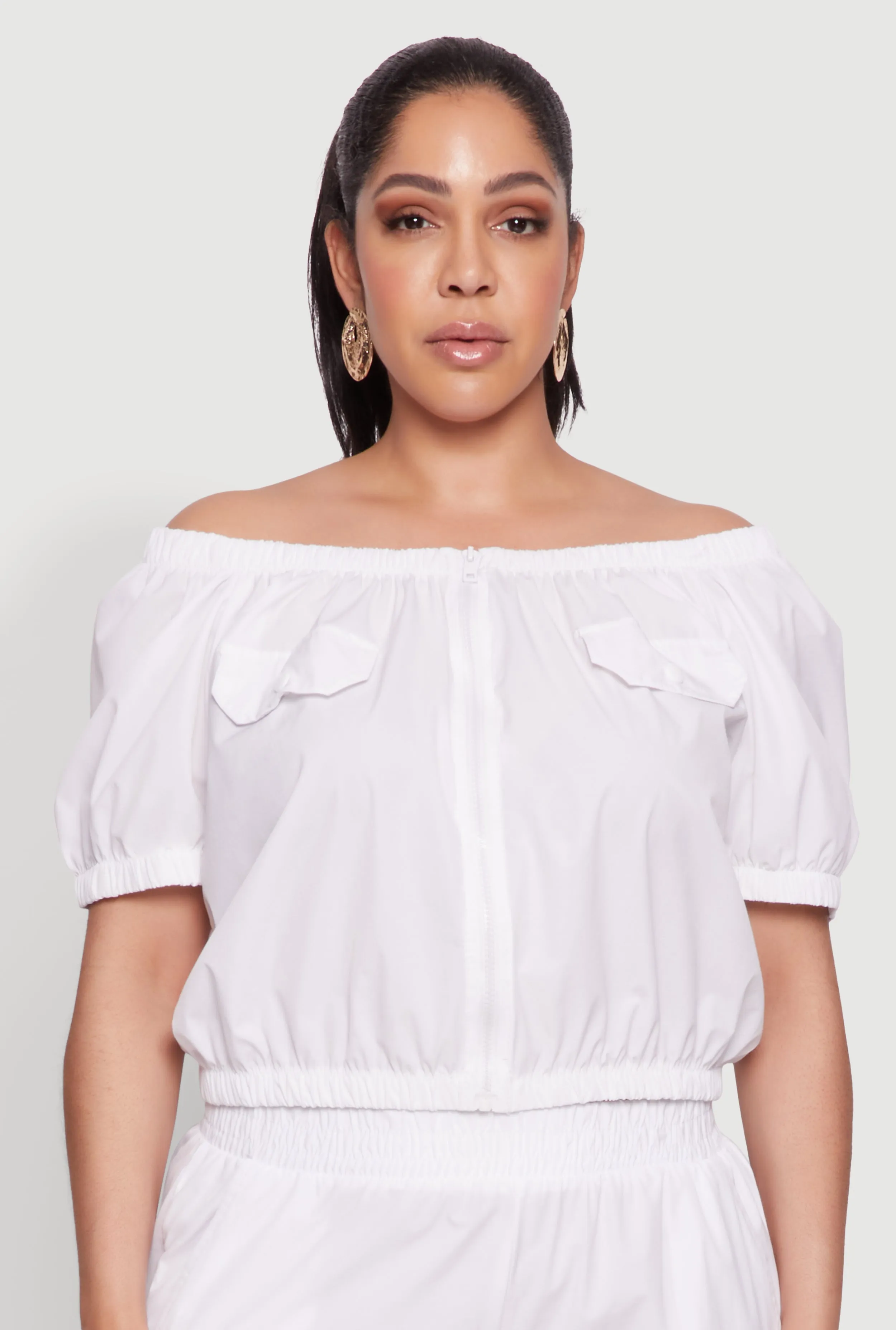 Plus Size Off The Shoulder Zip Front Crop Top sold by Rainbow