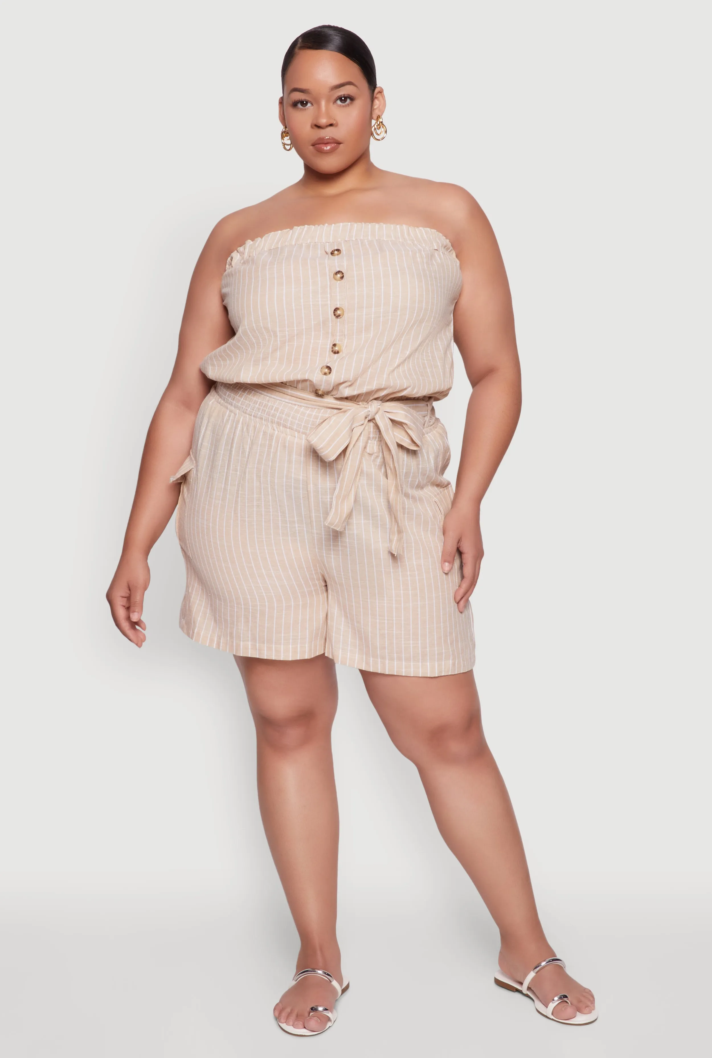 Plus Size Tie Waist Belted Pinstripe Romper sold by Rainbow product image thumbnail 2