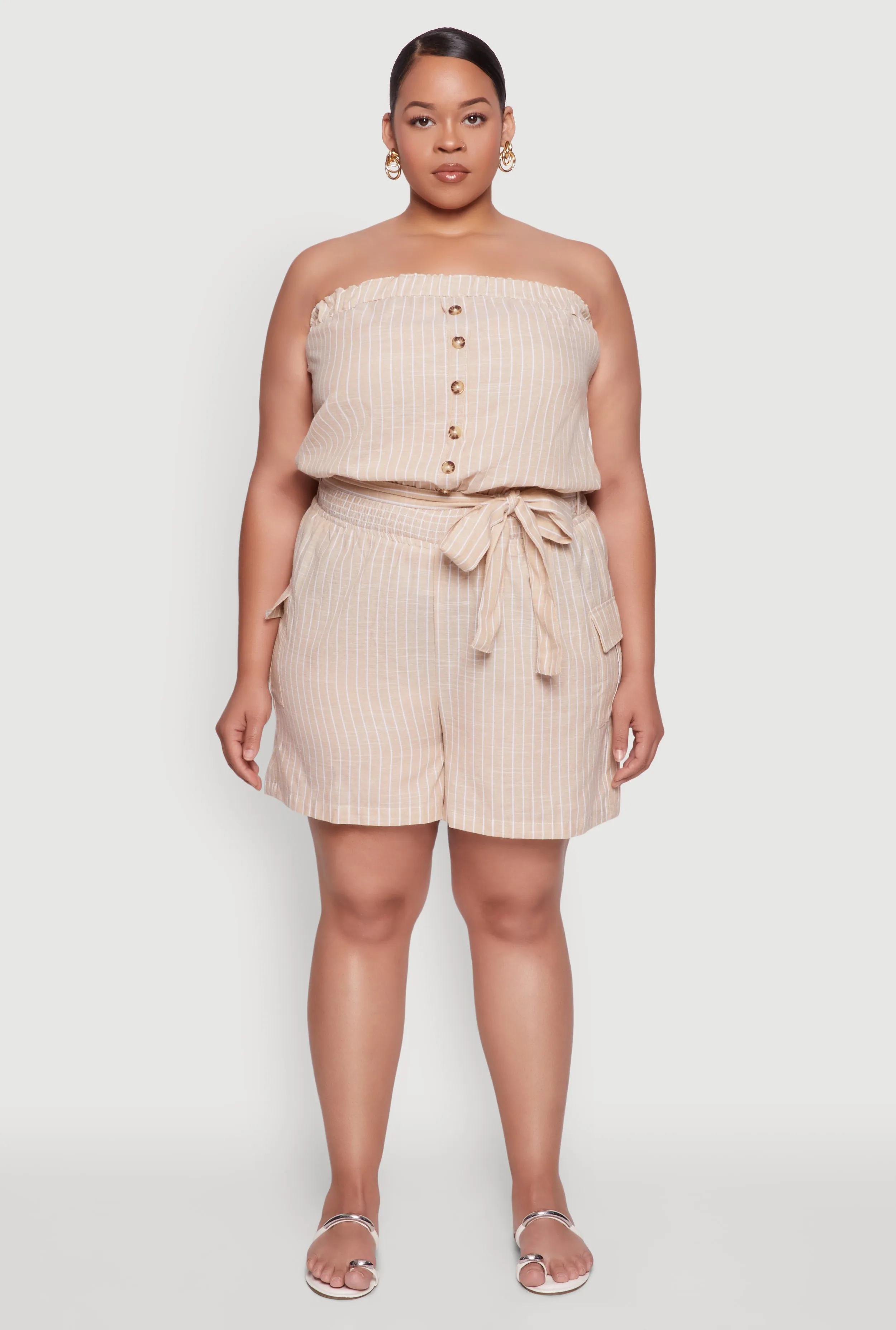 Plus Size Tie Waist Belted Pinstripe Romper sold by Rainbow