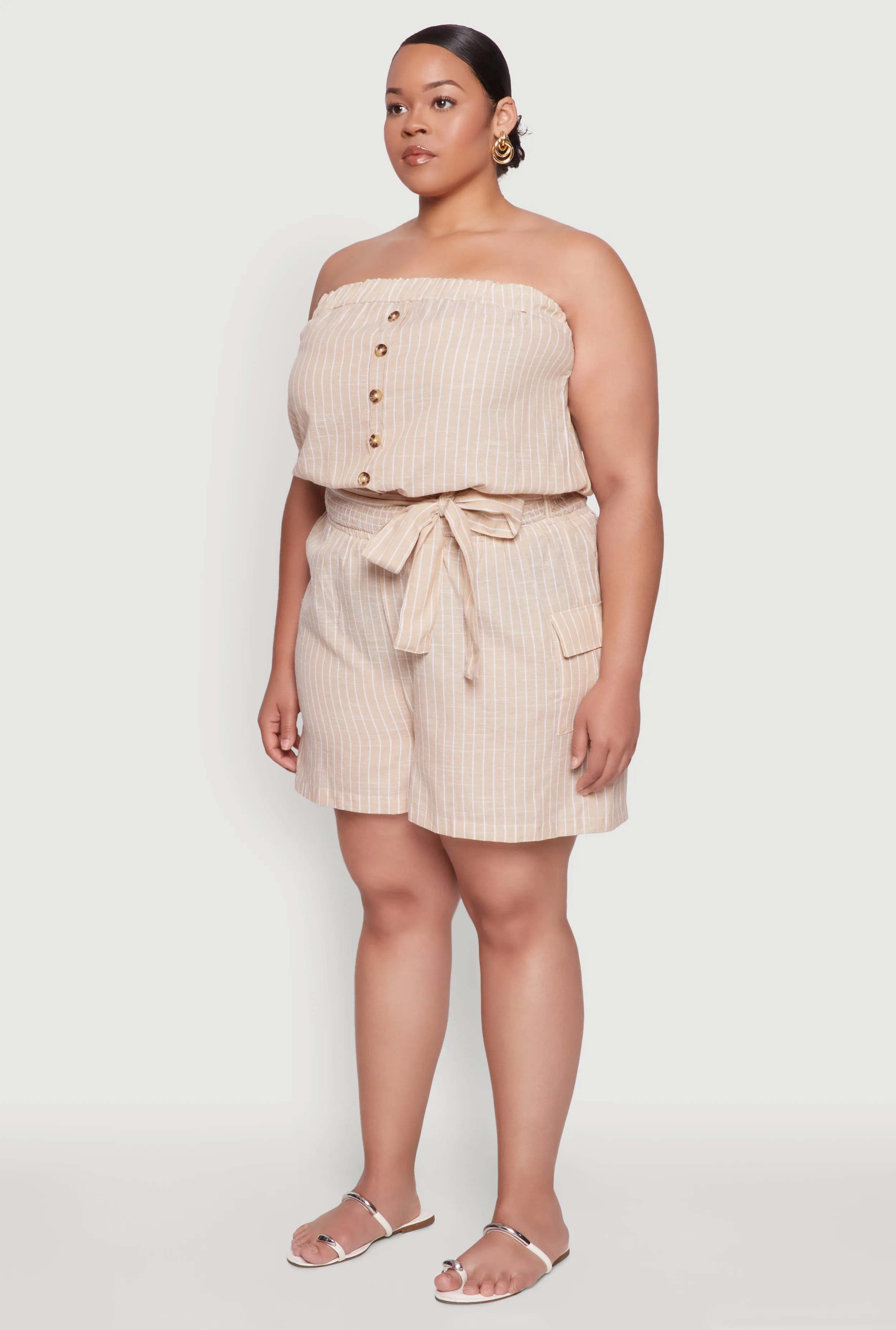 Plus Size Tie Waist Belted Pinstripe Romper sold by Rainbow product image thumbnail 3