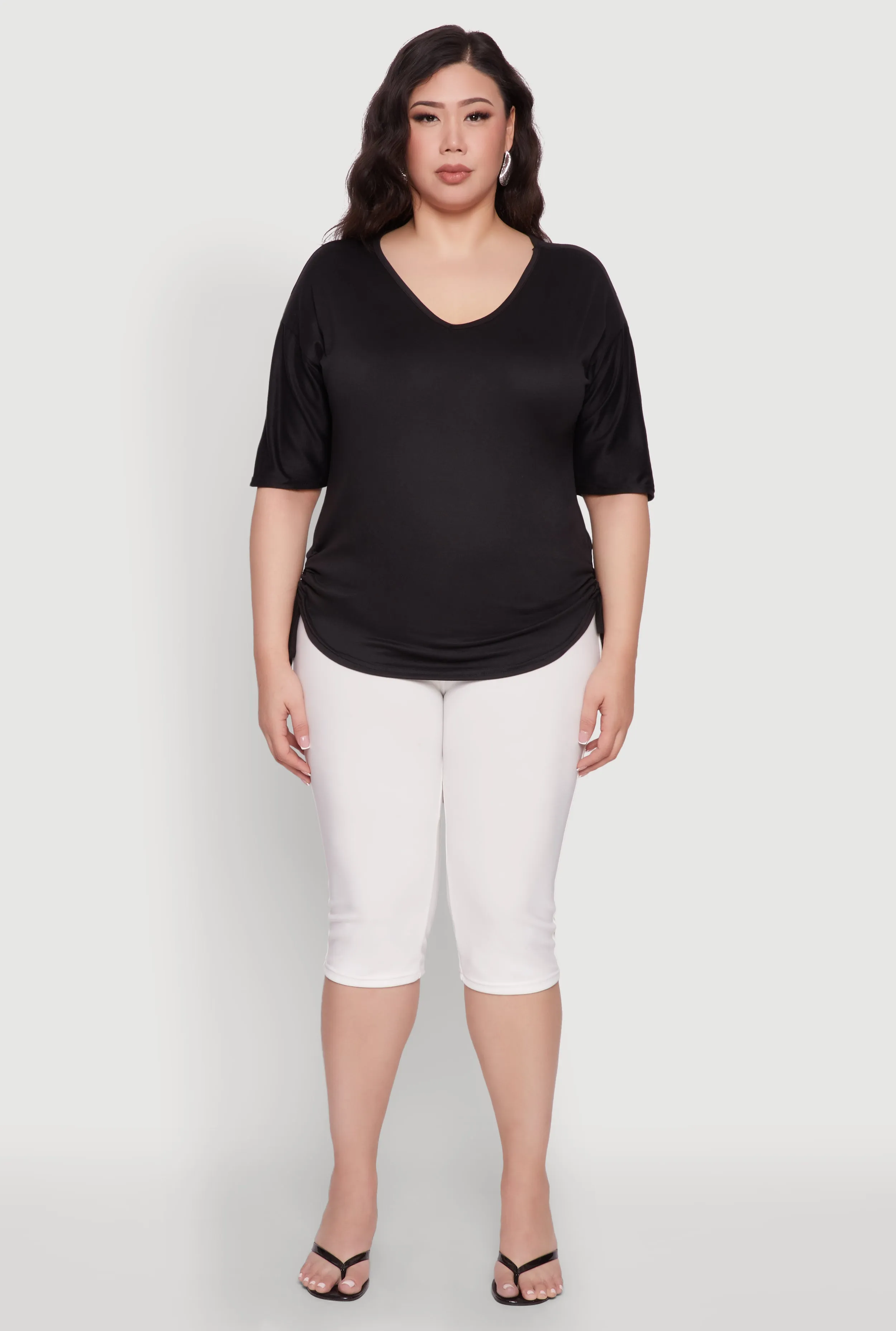 Plus Size Ruched Side Tie V Neck Top sold by Rainbow