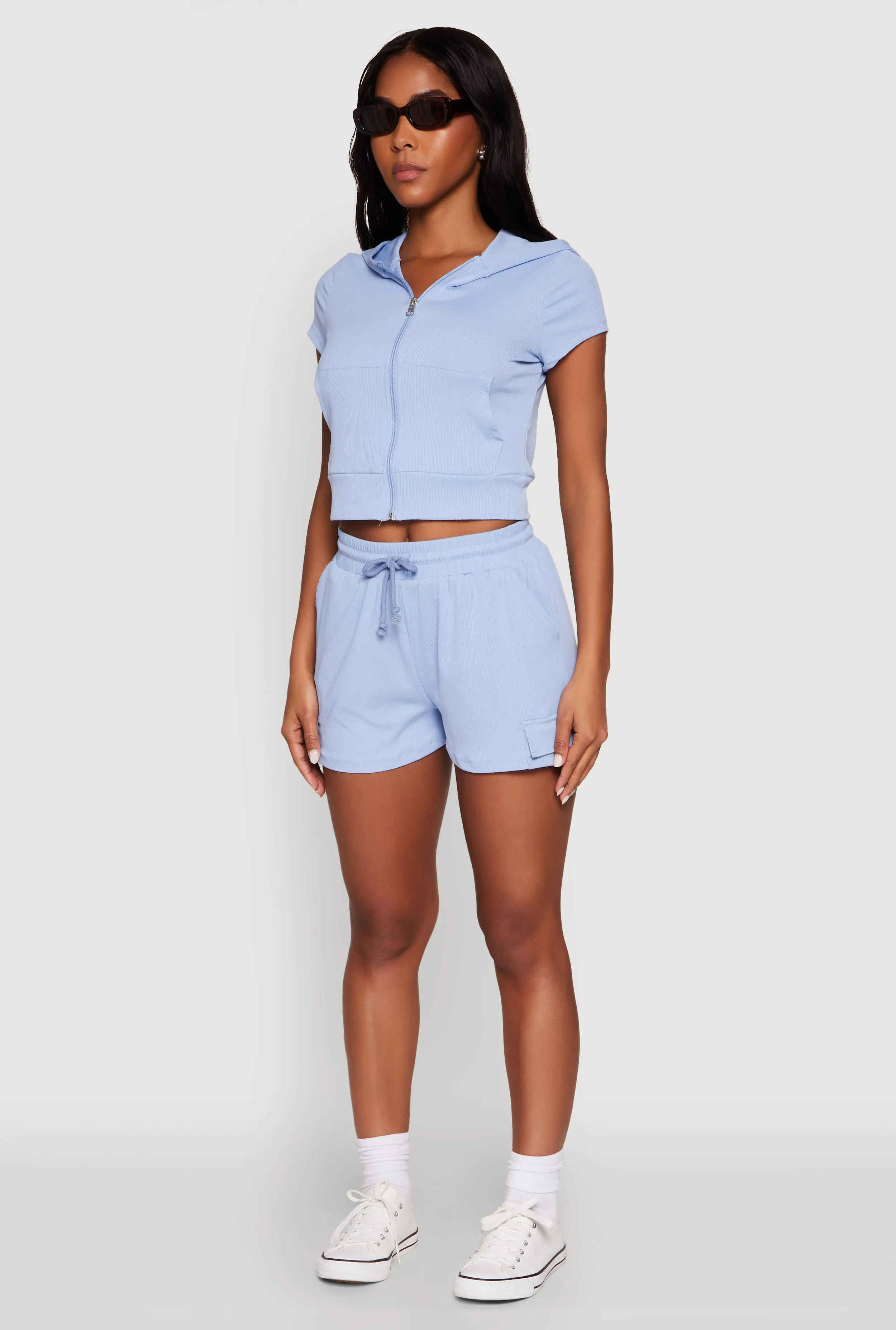 Ribbed Knit Short Sleeve Zip Front Hoodie sold by Rainbow product image thumbnail 5