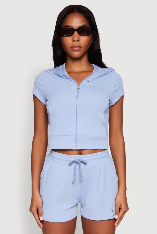 Ribbed Knit Short Sleeve Zip Front Hoodie sold by Rainbow