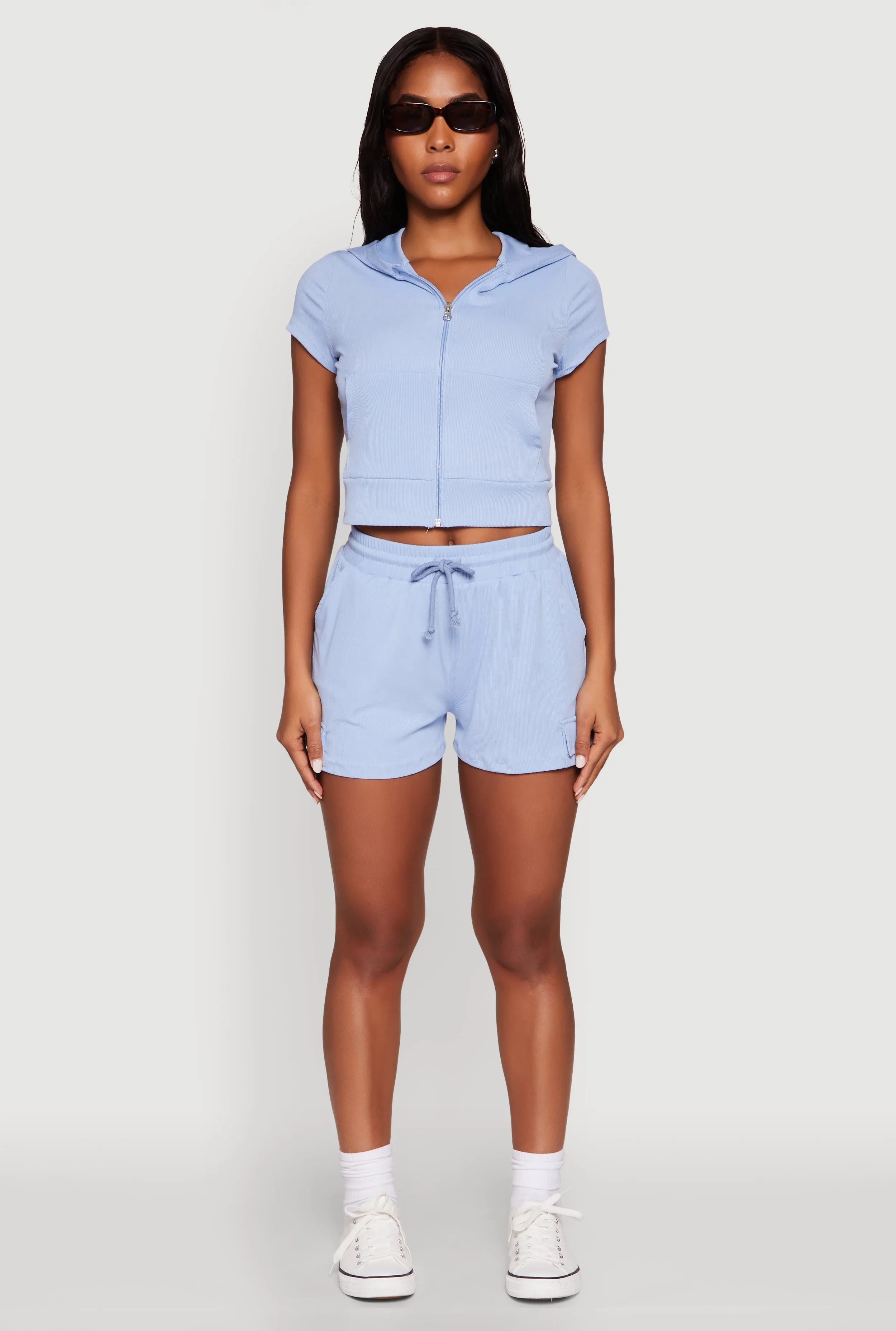 Ribbed Knit Short Sleeve Zip Front Hoodie sold by Rainbow product image thumbnail 3