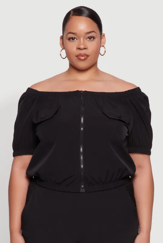 Plus Size Off The Shoulder Zip Front Crop Top sold by Rainbow