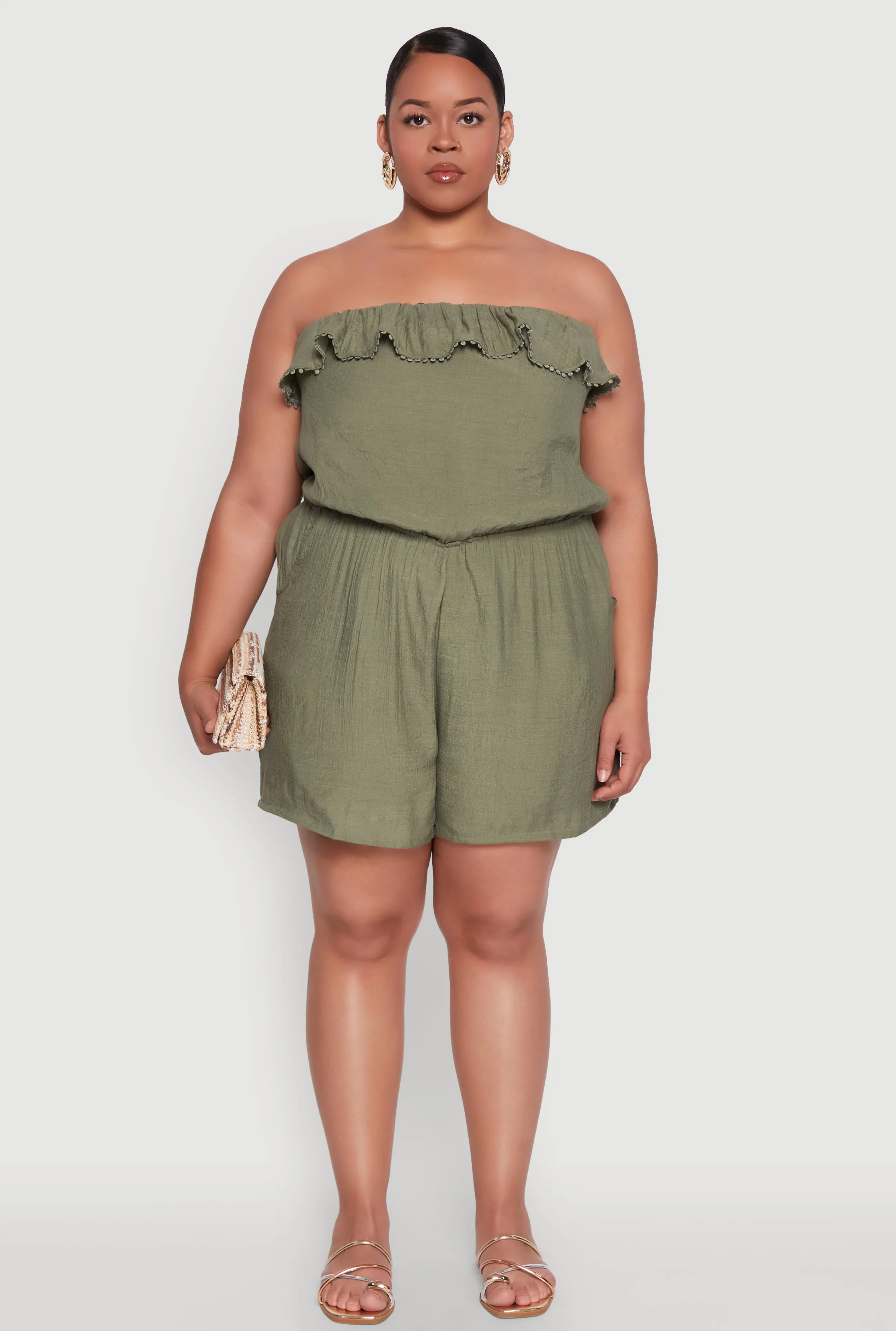 Plus Size Gauze Knit Ruffle Overlay Romper sold by Rainbow