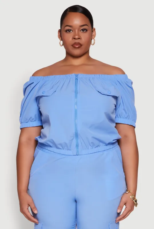 Plus Size Off The Shoulder Zip Front Crop Top sold by Rainbow