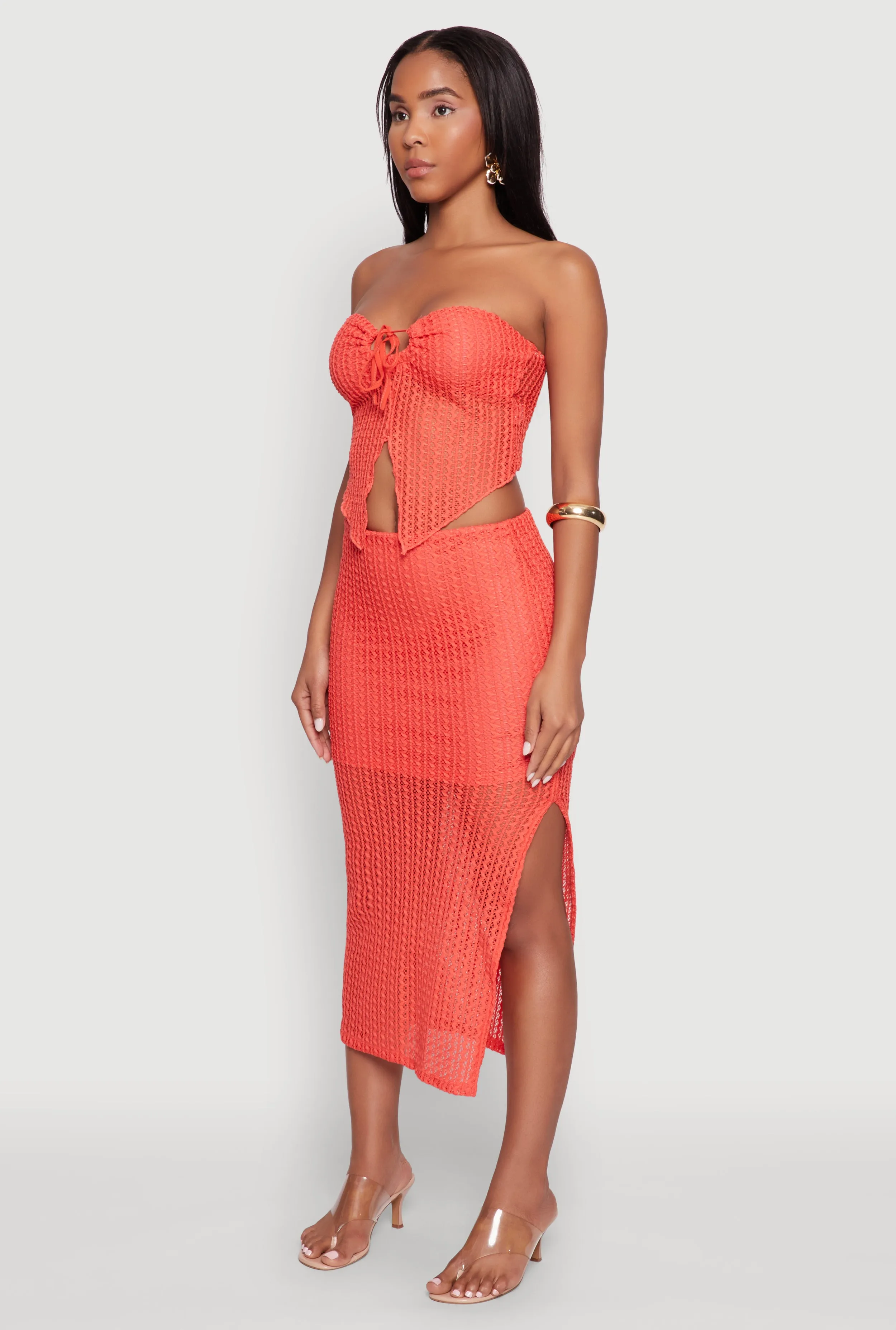 Textured Knit Tie Front Keyhole Crop Top sold by Rainbow product image thumbnail 5