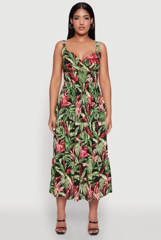 Tropical Leaf Print Empire Waist Sundress sold by Rainbow