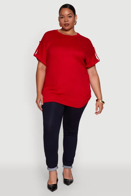 Plus Size Ruched Tabbed Short Sleeve Top sold by Rainbow