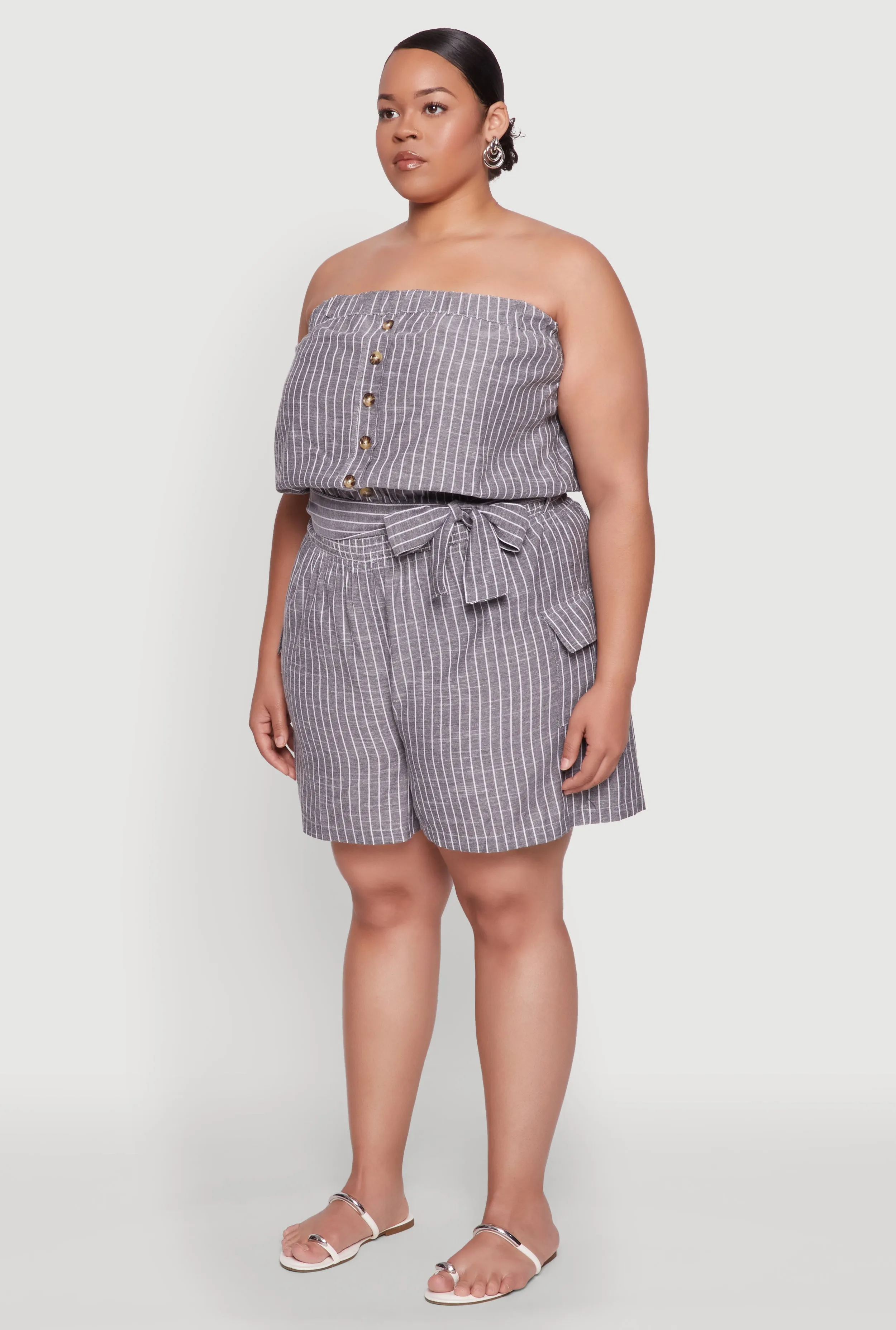 Plus Size Tie Waist Belted Pinstripe Romper sold by Rainbow product image thumbnail 3