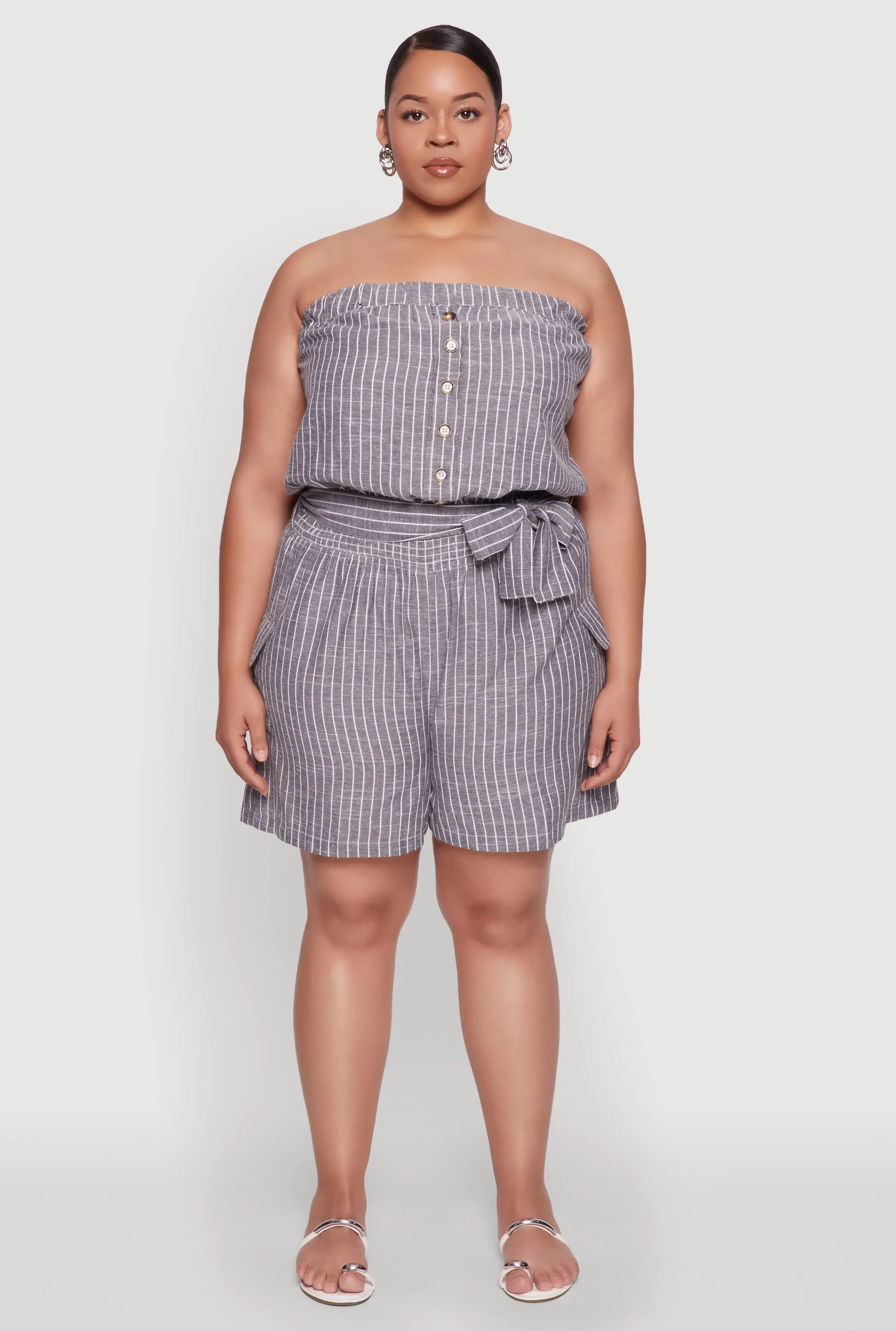 Plus Size Tie Waist Belted Pinstripe Romper sold by Rainbow