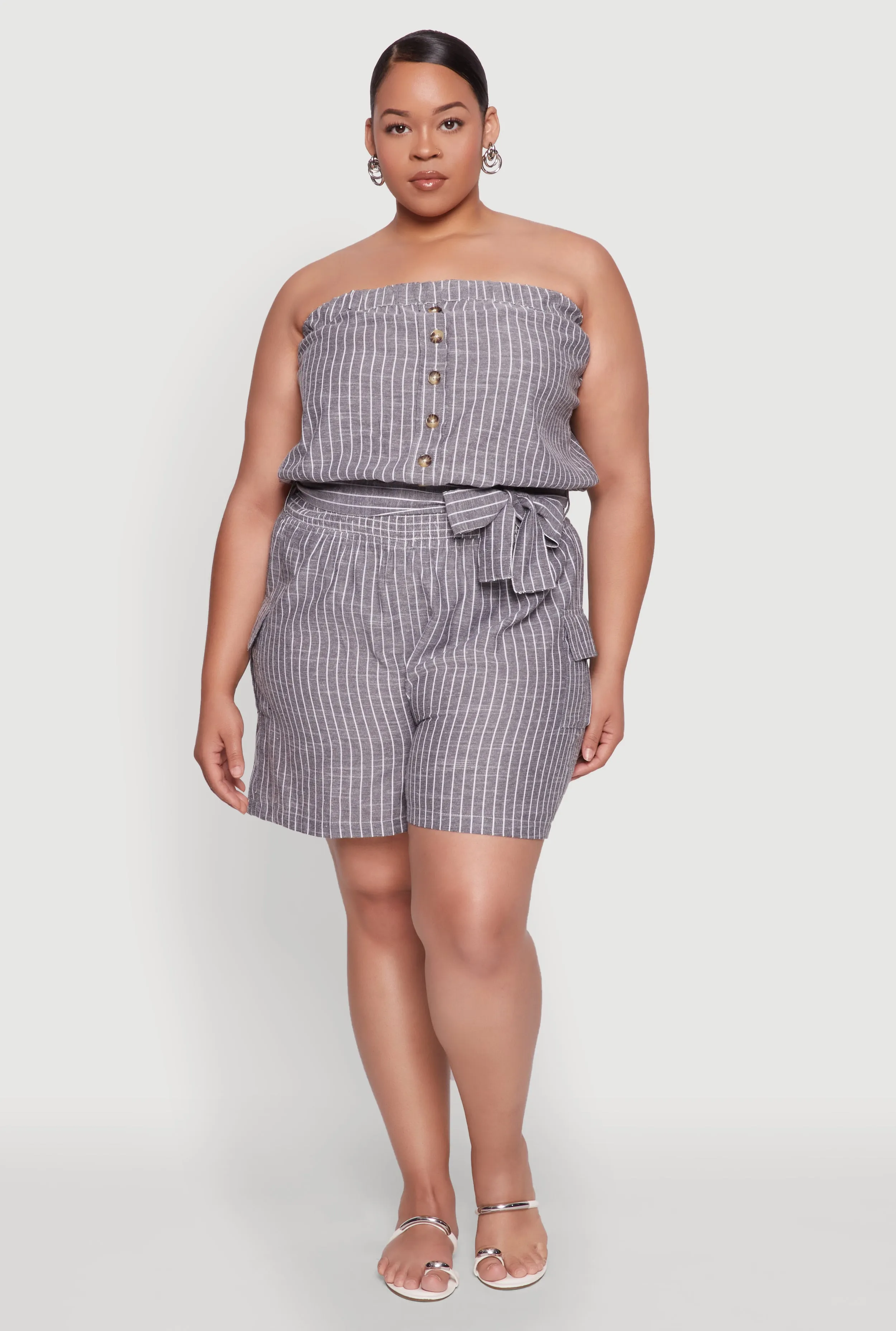 Plus Size Tie Waist Belted Pinstripe Romper sold by Rainbow product image thumbnail 2