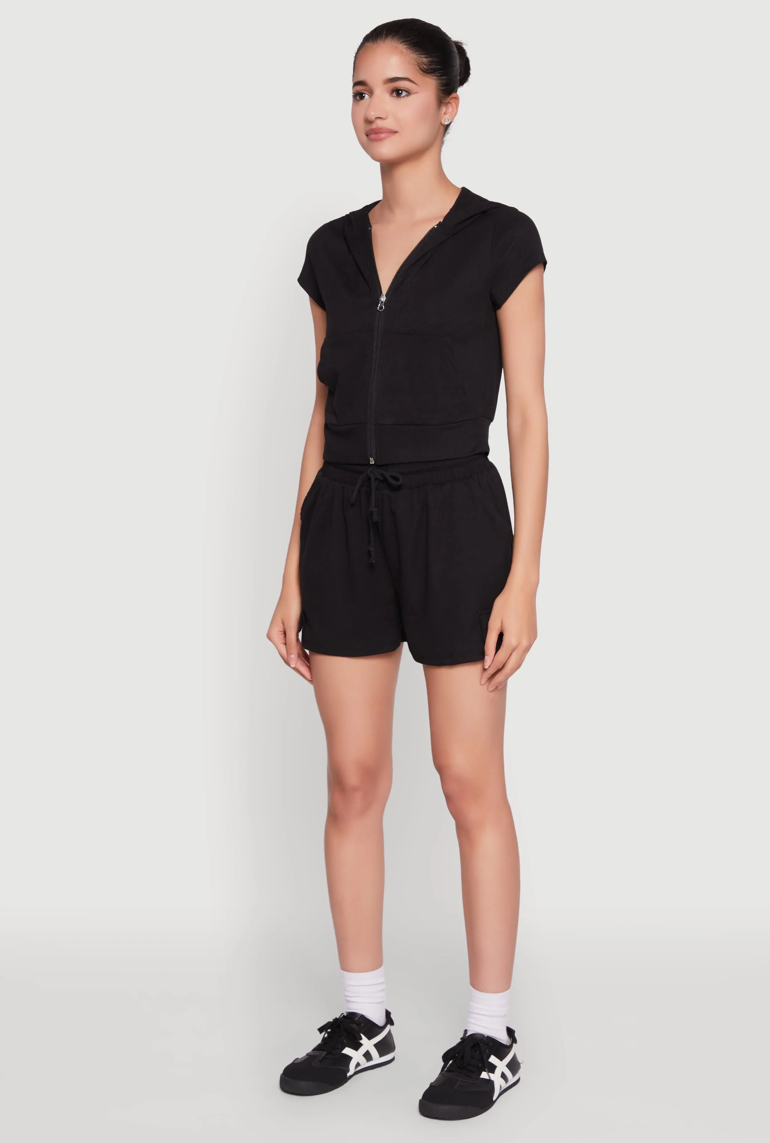 Ribbed Knit Short Sleeve Zip Front Hoodie sold by Rainbow product image thumbnail 5