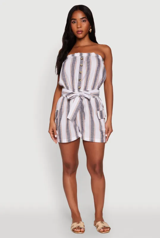 Striped Tie Waist Belted Cargo Pocket Romper sold by Rainbow