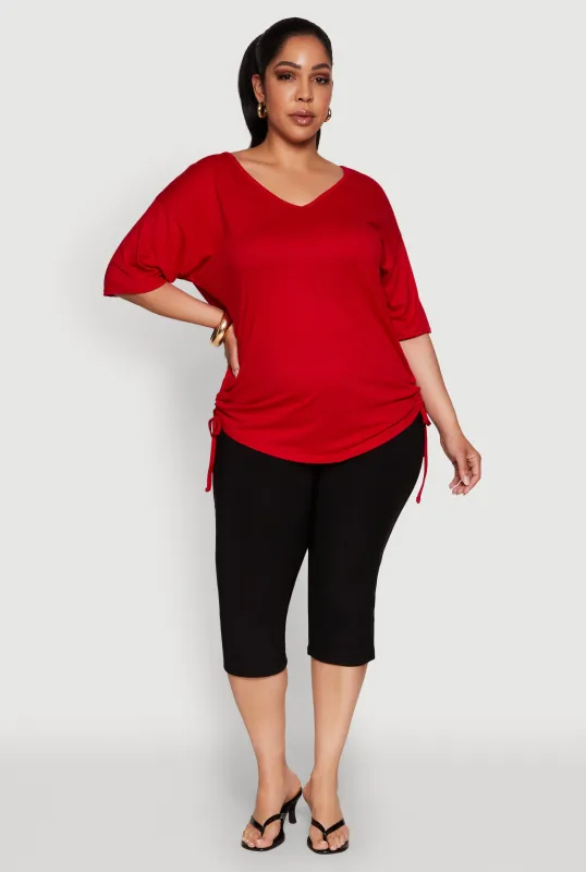 Plus Size Ruched Side Tie V Neck Top sold by Rainbow