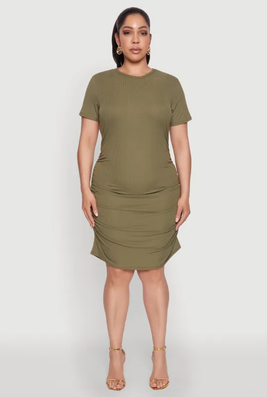 Plus Size Side Ruched Rib Knit T Shirt Dress sold by Rainbow
