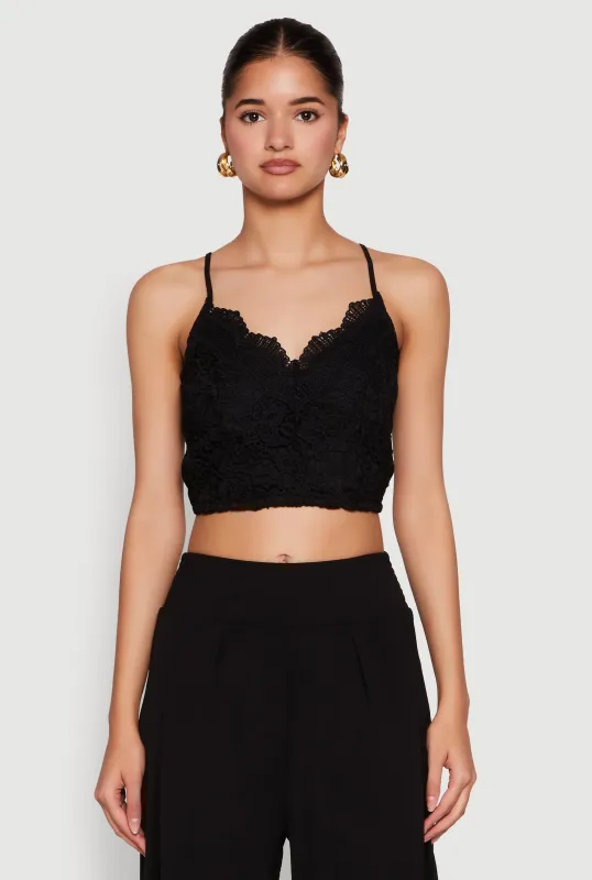 Lace Overlay Smocked Back Crop Top sold by Rainbow