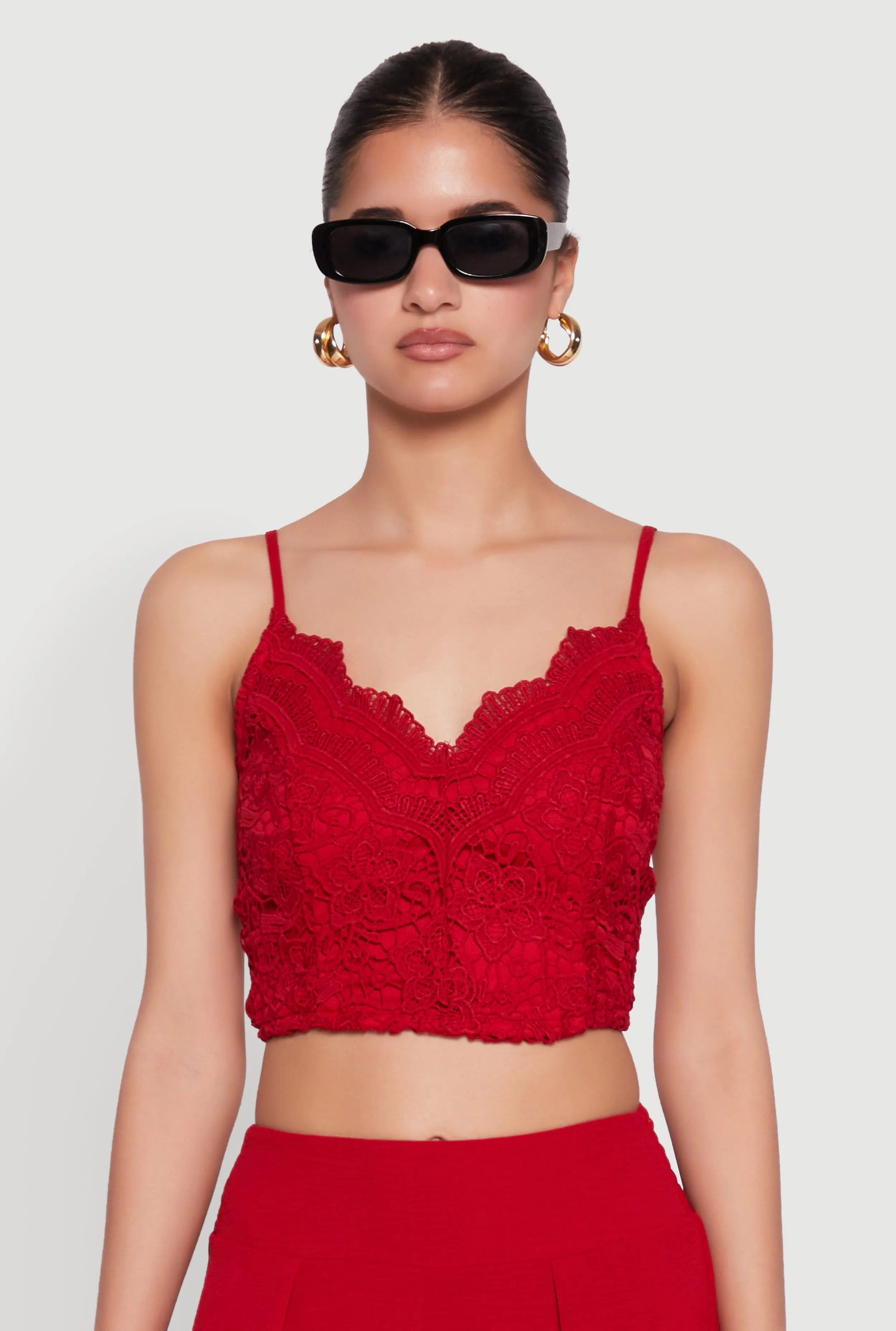 Lace Overlay Smocked Back Crop Top sold by Rainbow