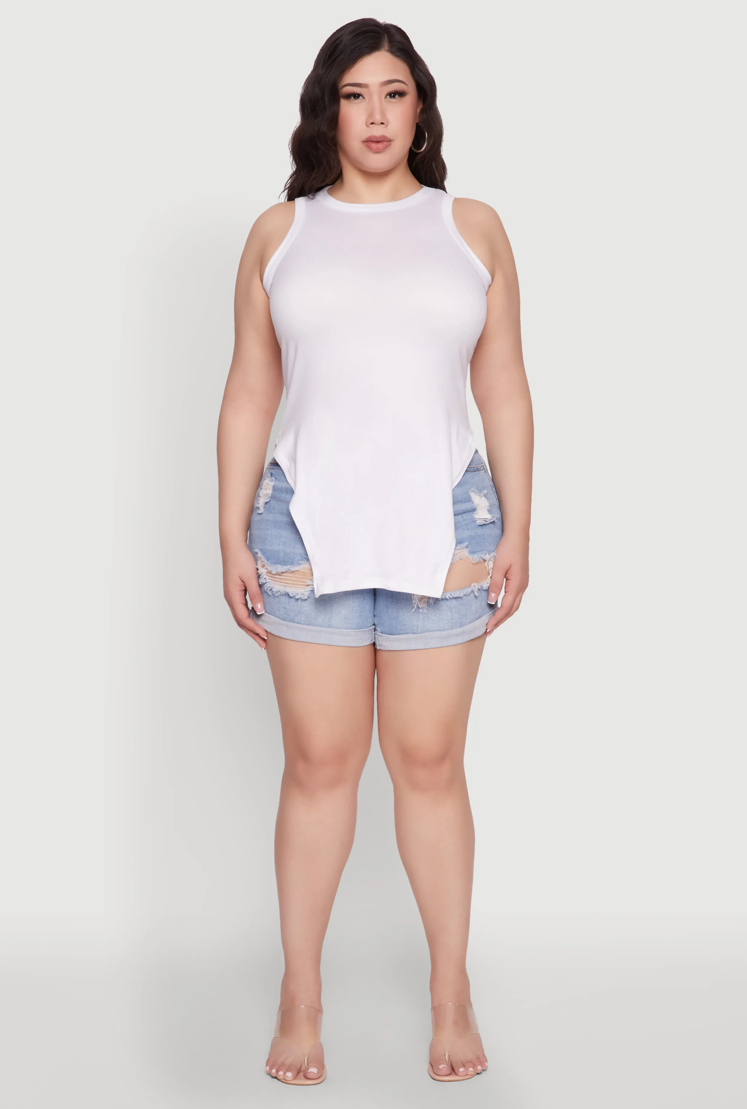 Plus Size Side Slit Crew Neck Tank Top sold by Rainbow