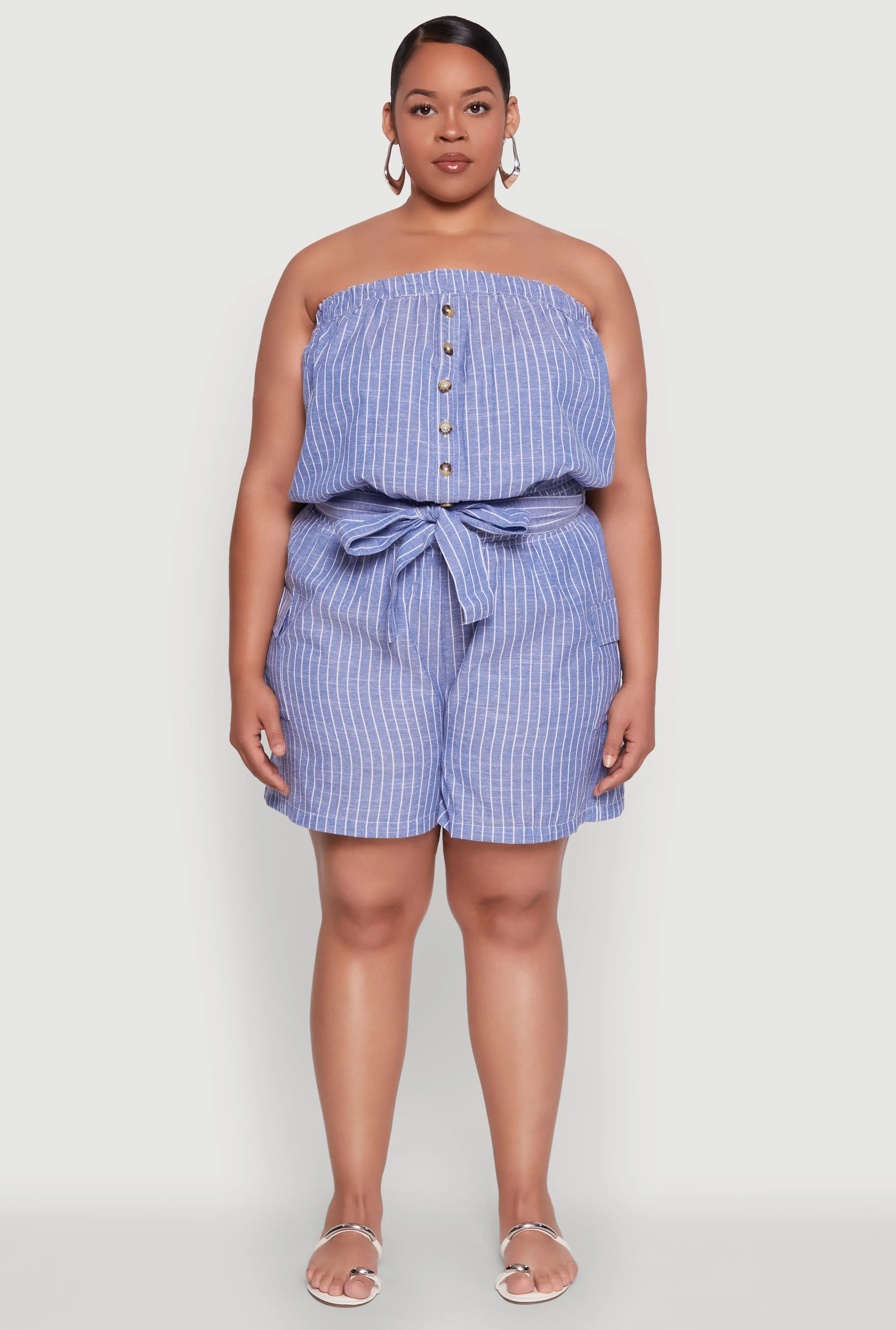 Plus Size Tie Waist Belted Pinstripe Romper sold by Rainbow product image thumbnail 2
