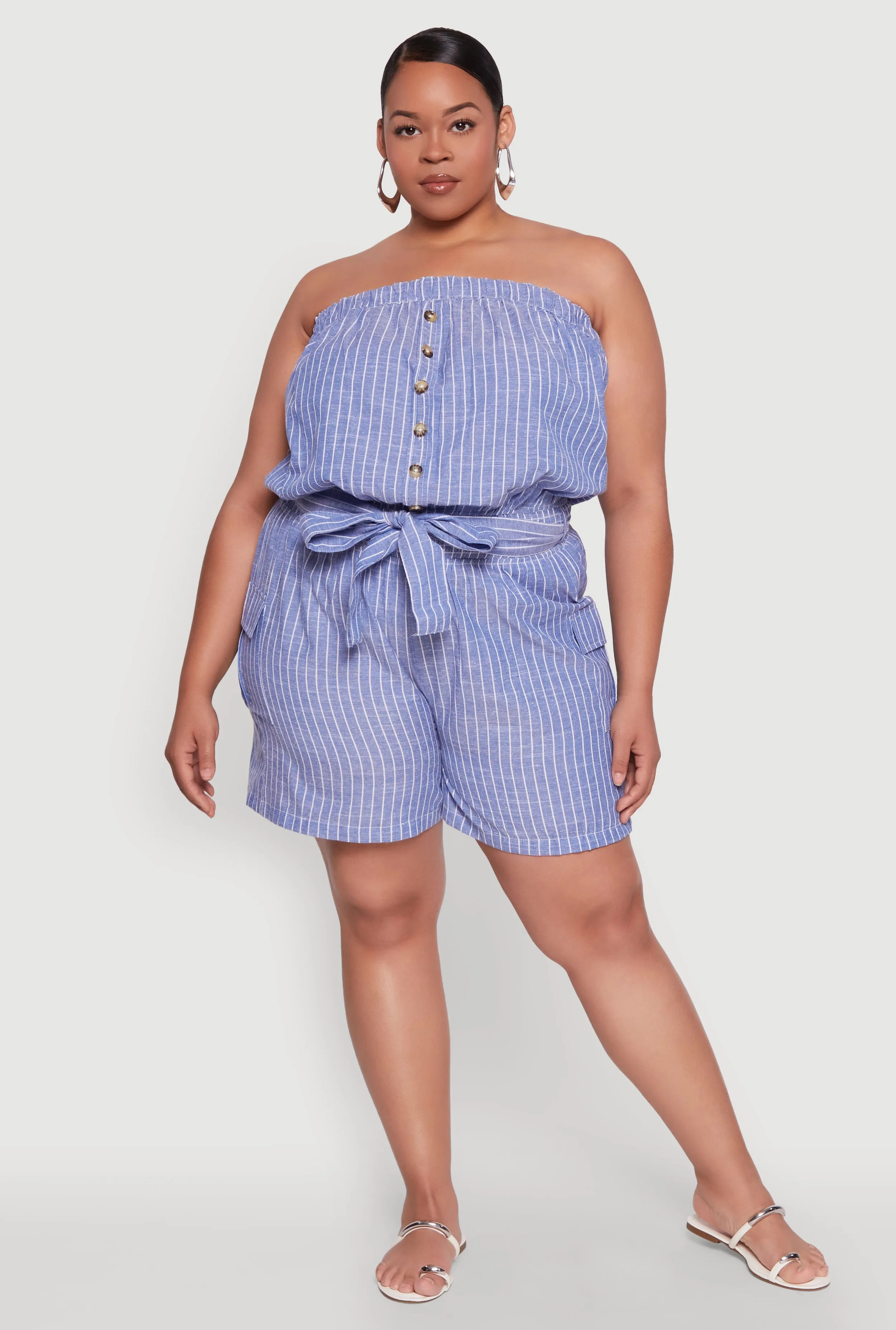 Plus Size Tie Waist Belted Pinstripe Romper sold by Rainbow