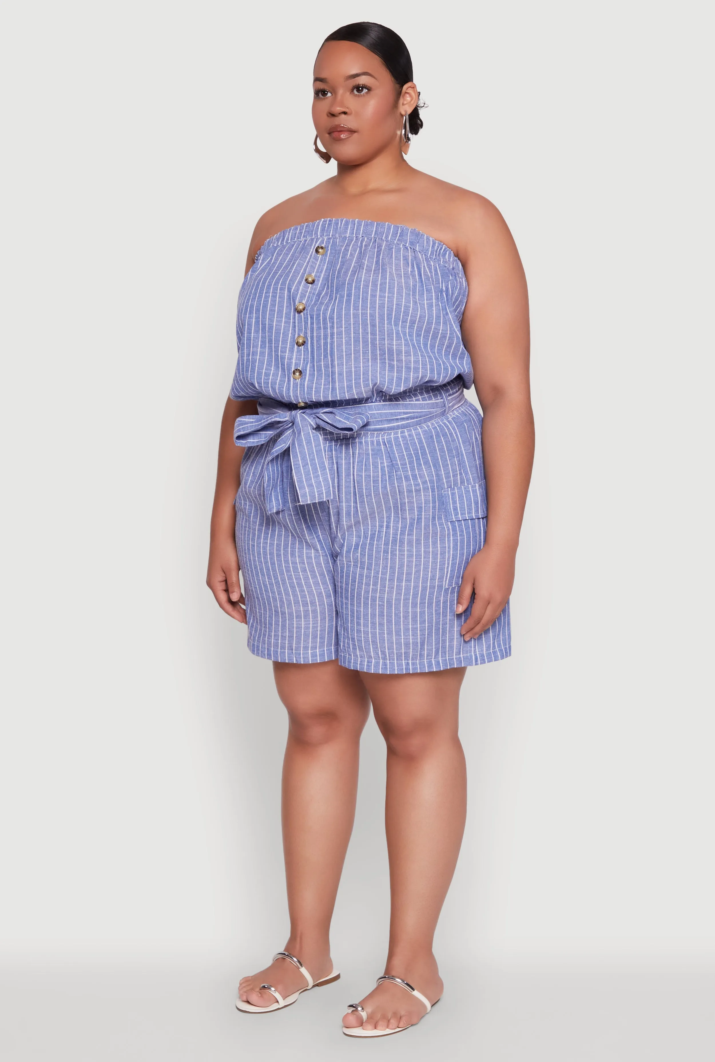 Plus Size Tie Waist Belted Pinstripe Romper sold by Rainbow product image thumbnail 3