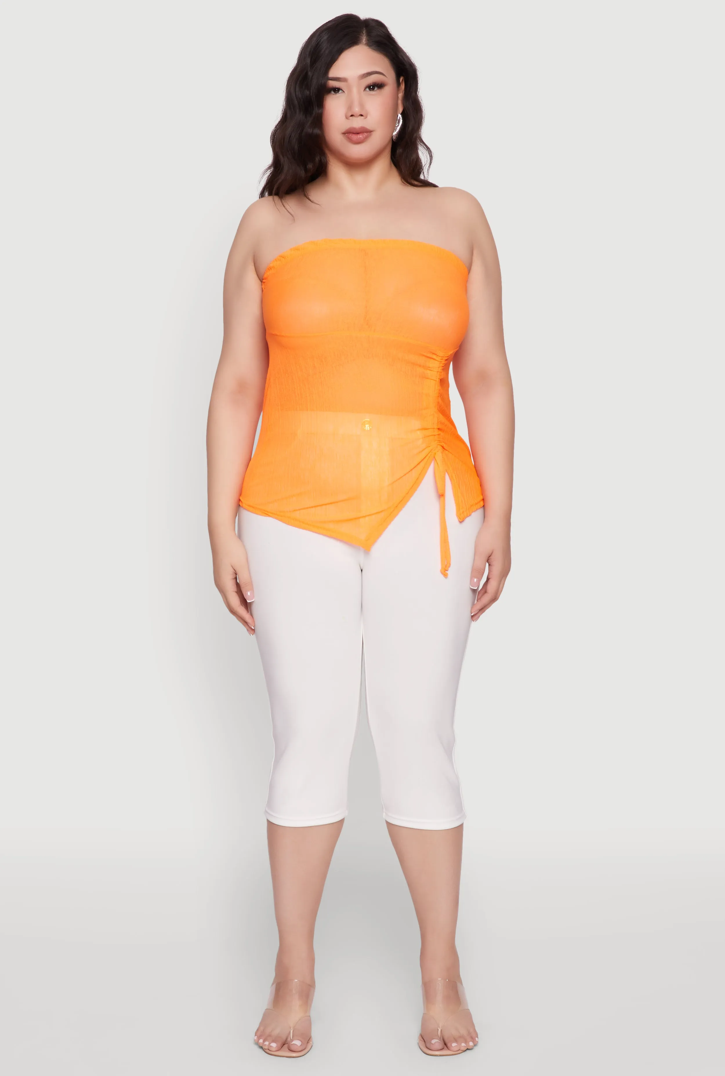 Plus Size Sheer Ruched Drawstring Tube Top sold by Rainbow