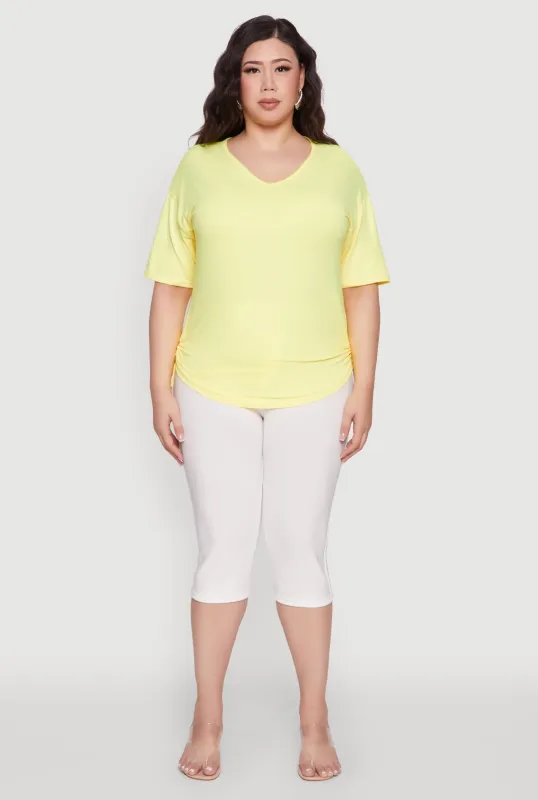 Plus Size Ruched Side Tie V Neck Top sold by Rainbow