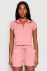 Ribbed Knit Short Sleeve Zip Front Hoodie sold by Rainbow