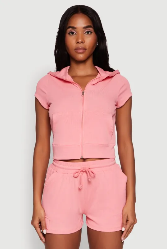 Ribbed Knit Short Sleeve Zip Front Hoodie sold by Rainbow