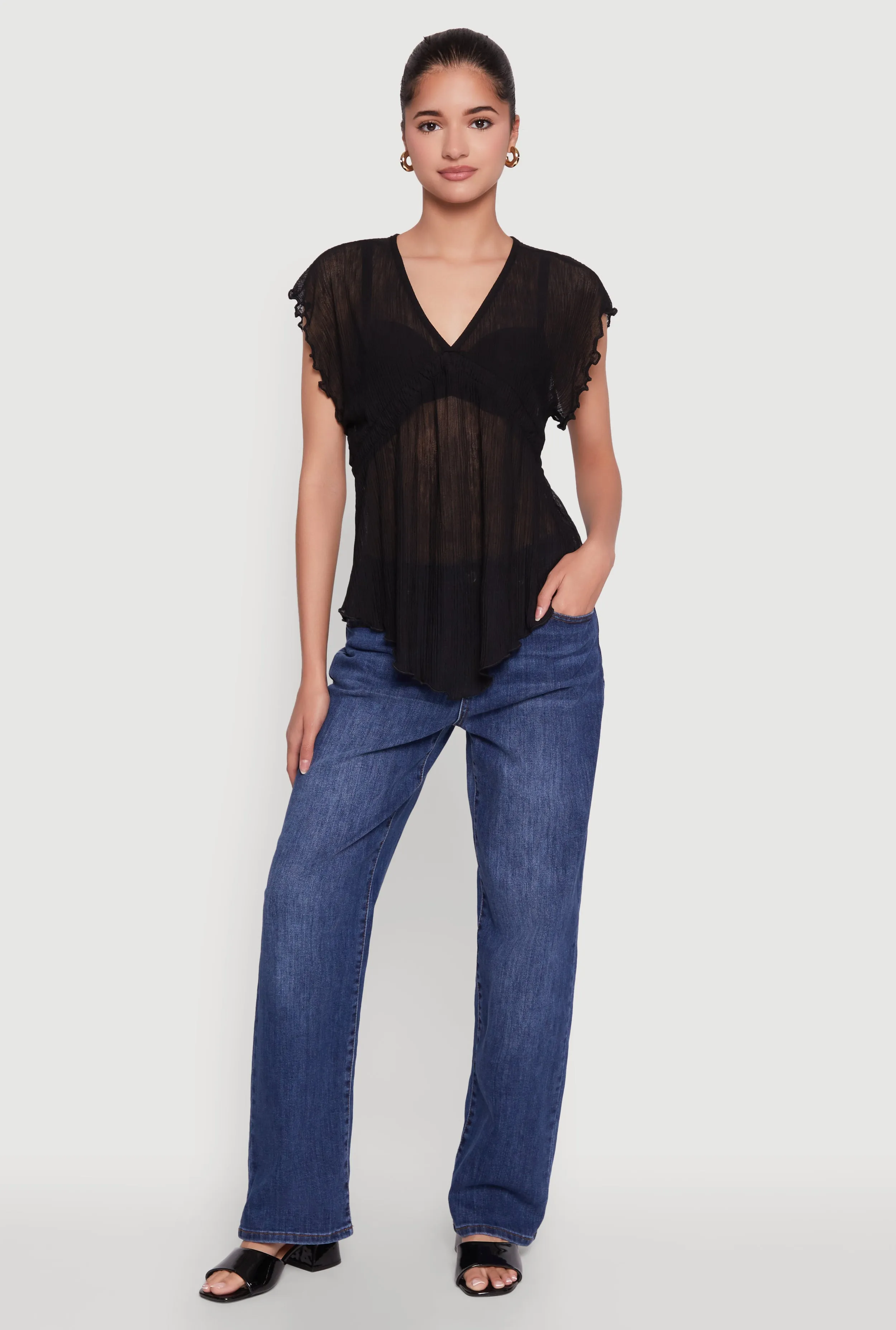 V Neck Lettuce Edge Hanky Hem Blouse sold by Rainbow