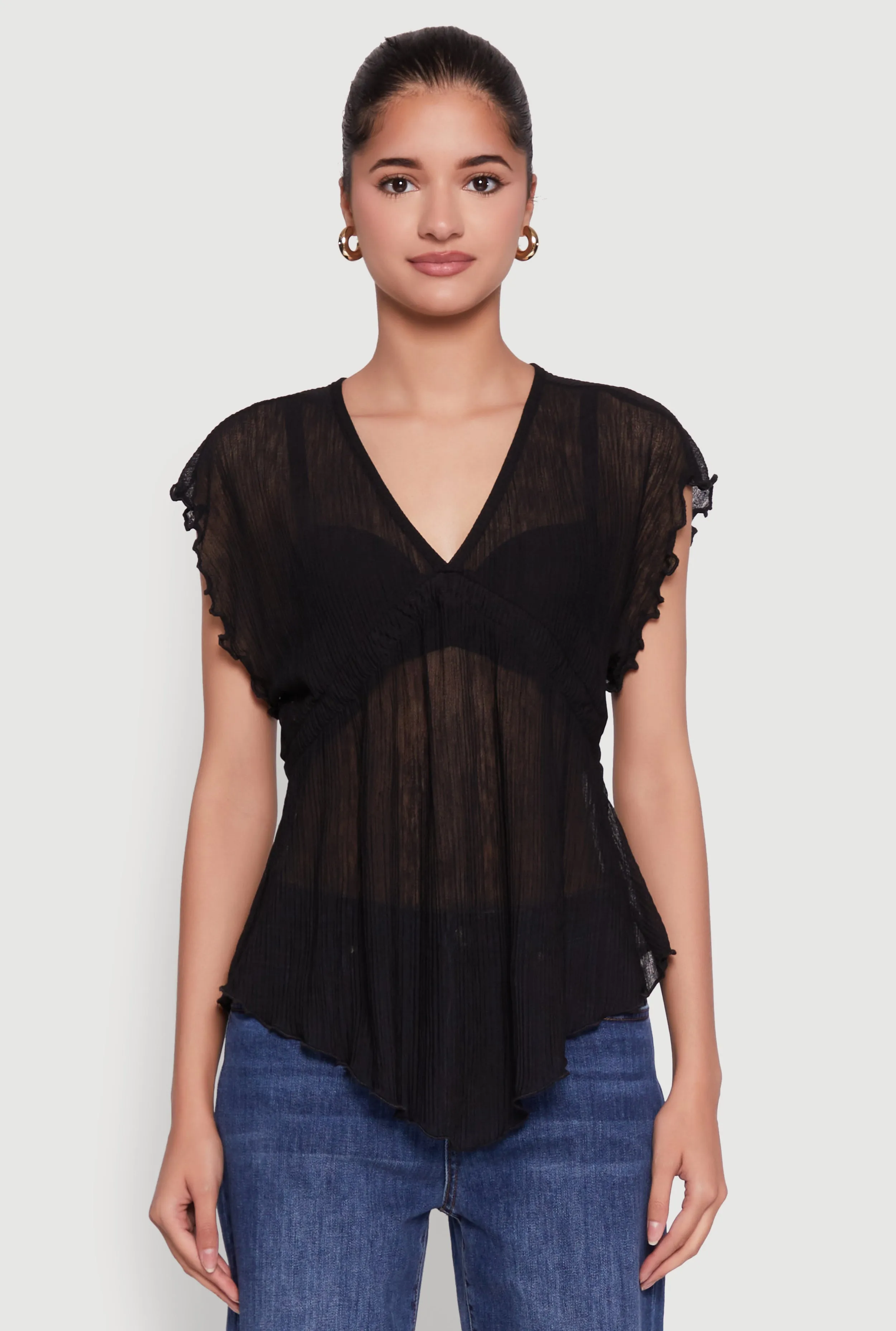 V Neck Lettuce Edge Hanky Hem Blouse sold by Rainbow product image thumbnail 2