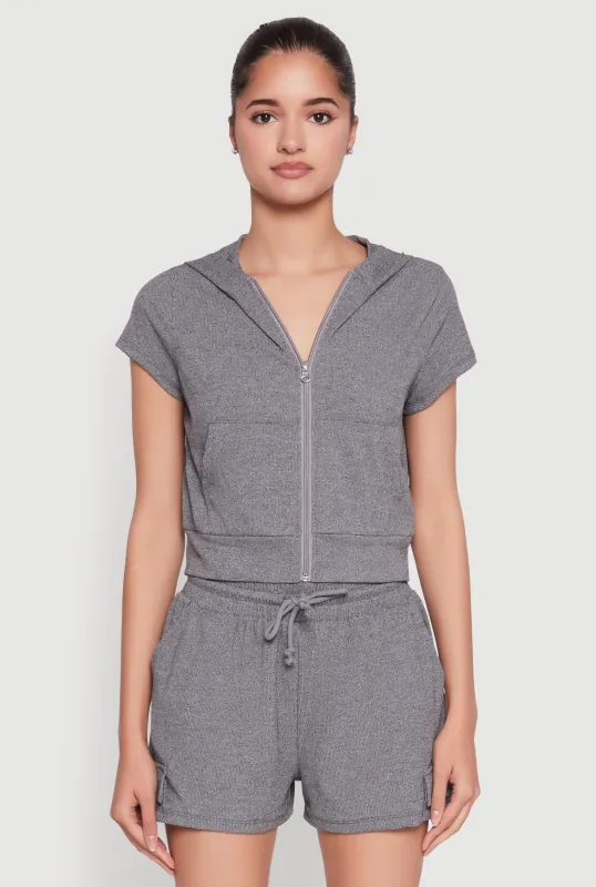 Ribbed Knit Short Sleeve Zip Front Hoodie sold by Rainbow