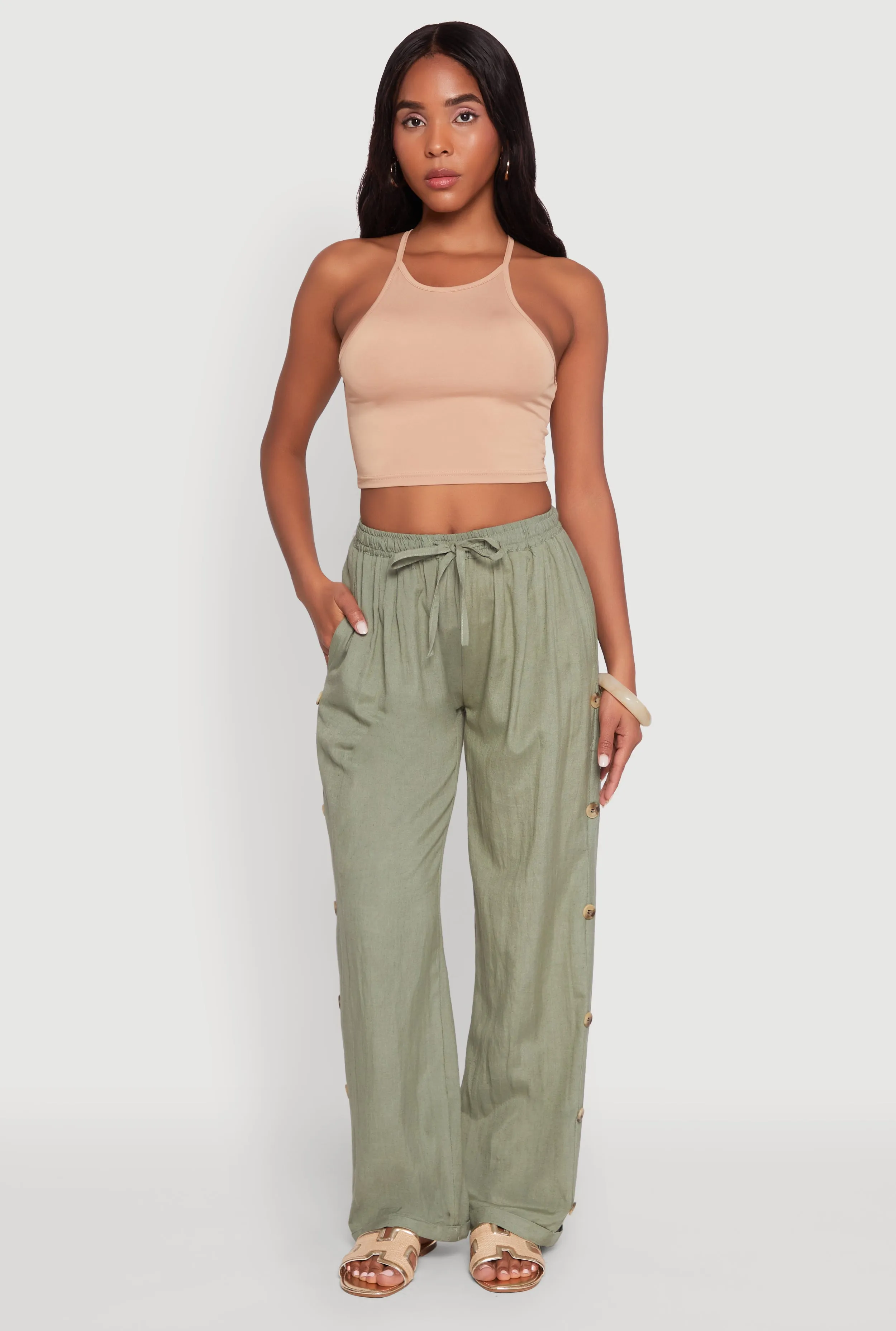 Side Button Detail Linen Pants sold by Rainbow