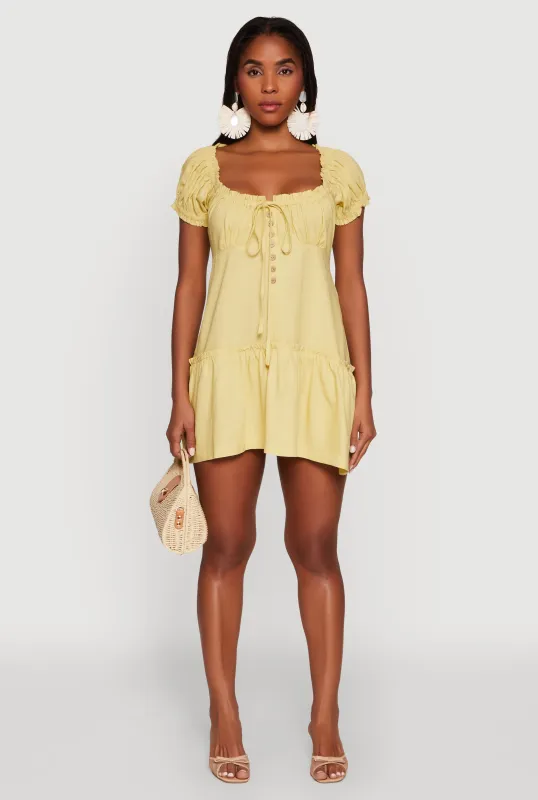 Square Neck Tie Front Mini Peasant Dress sold by Rainbow