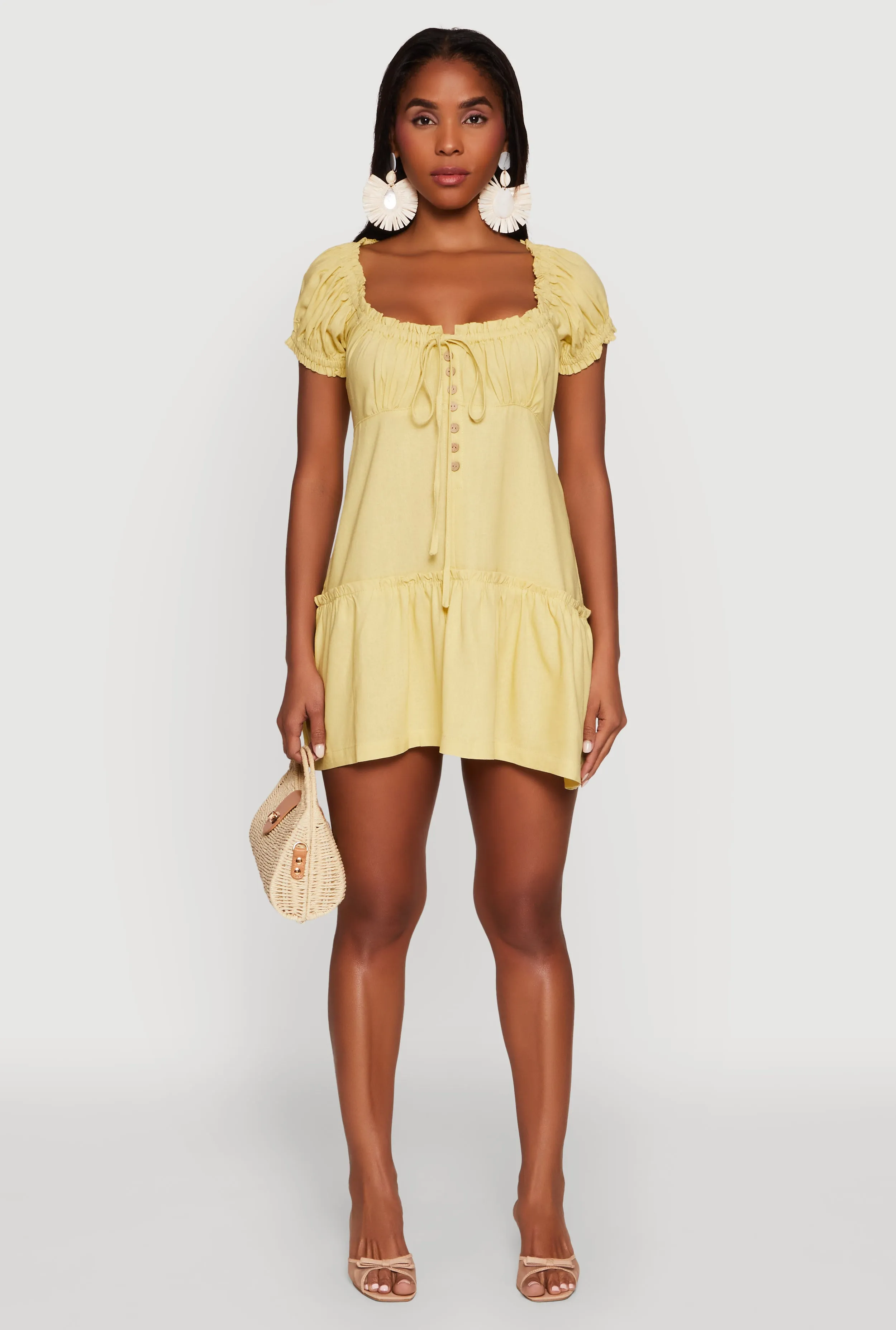 Square Neck Tie Front Mini Peasant Dress sold by Rainbow