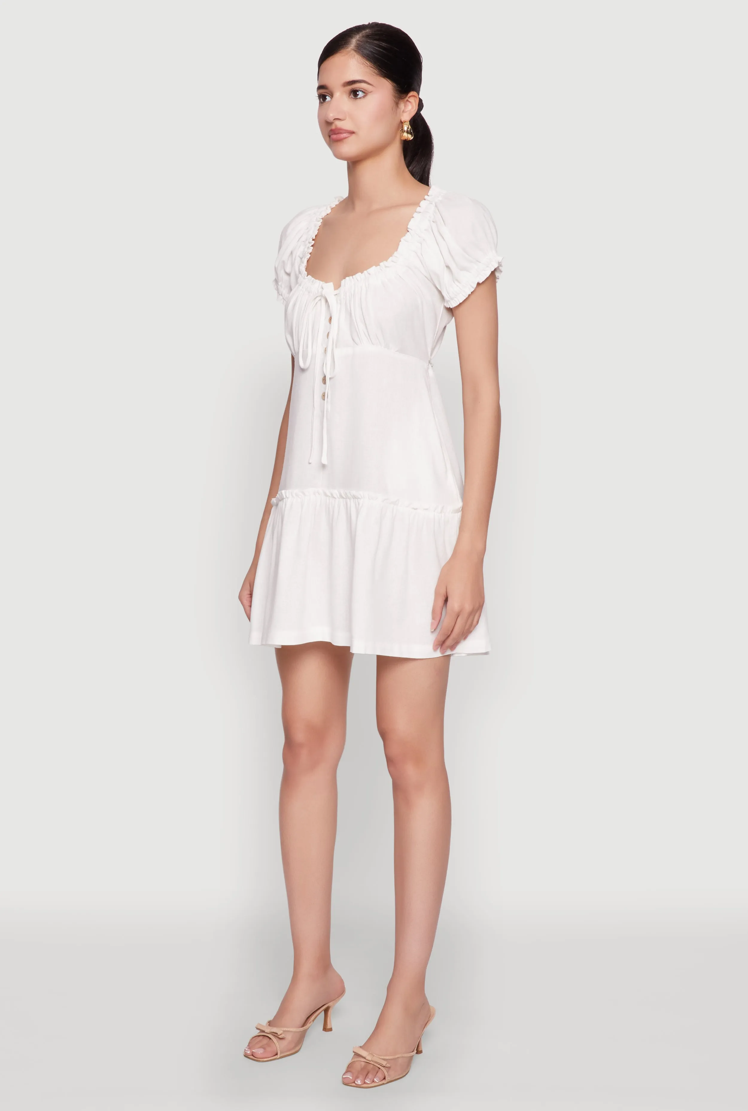 Square Neck Tie Front Mini Peasant Dress sold by Rainbow product image thumbnail 3