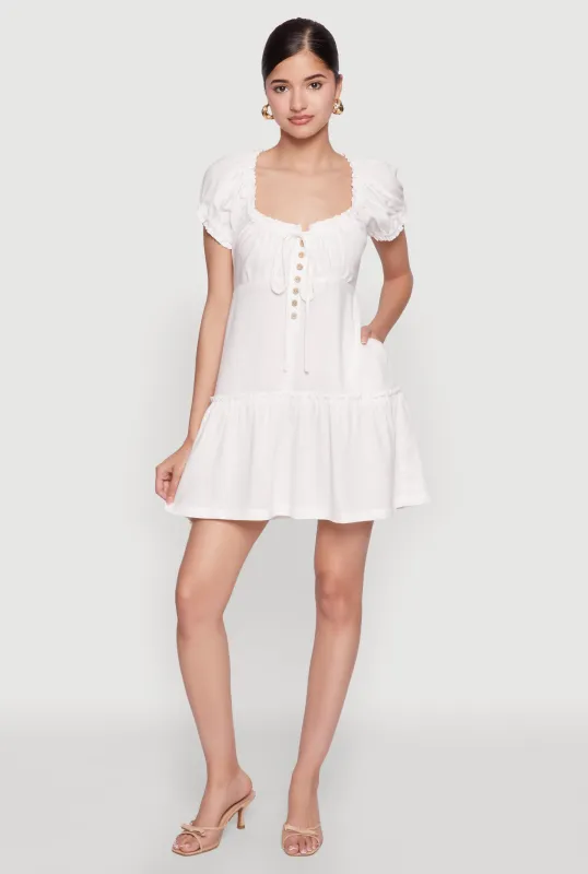 Square Neck Tie Front Mini Peasant Dress sold by Rainbow