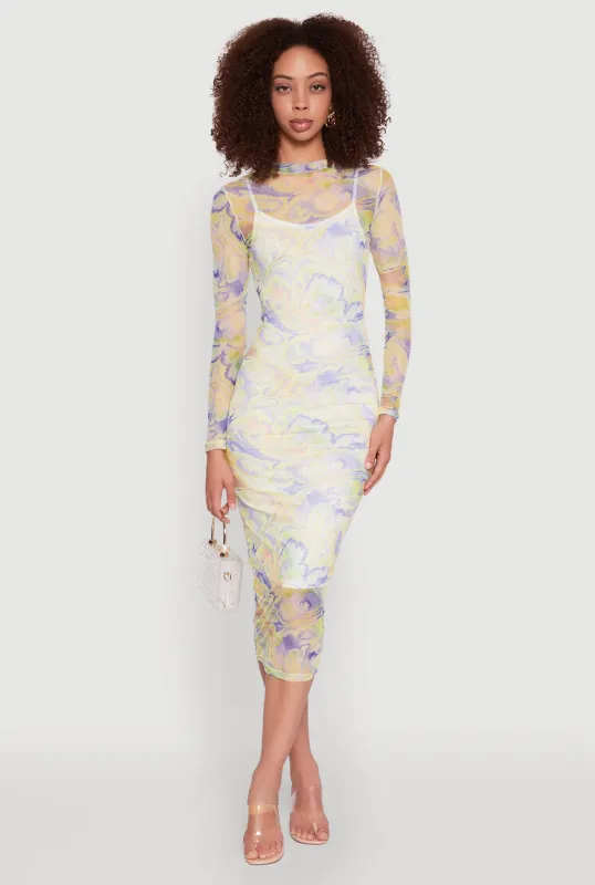 Marble Print Mesh Long Sleeve Midi Dress sold by Rainbow