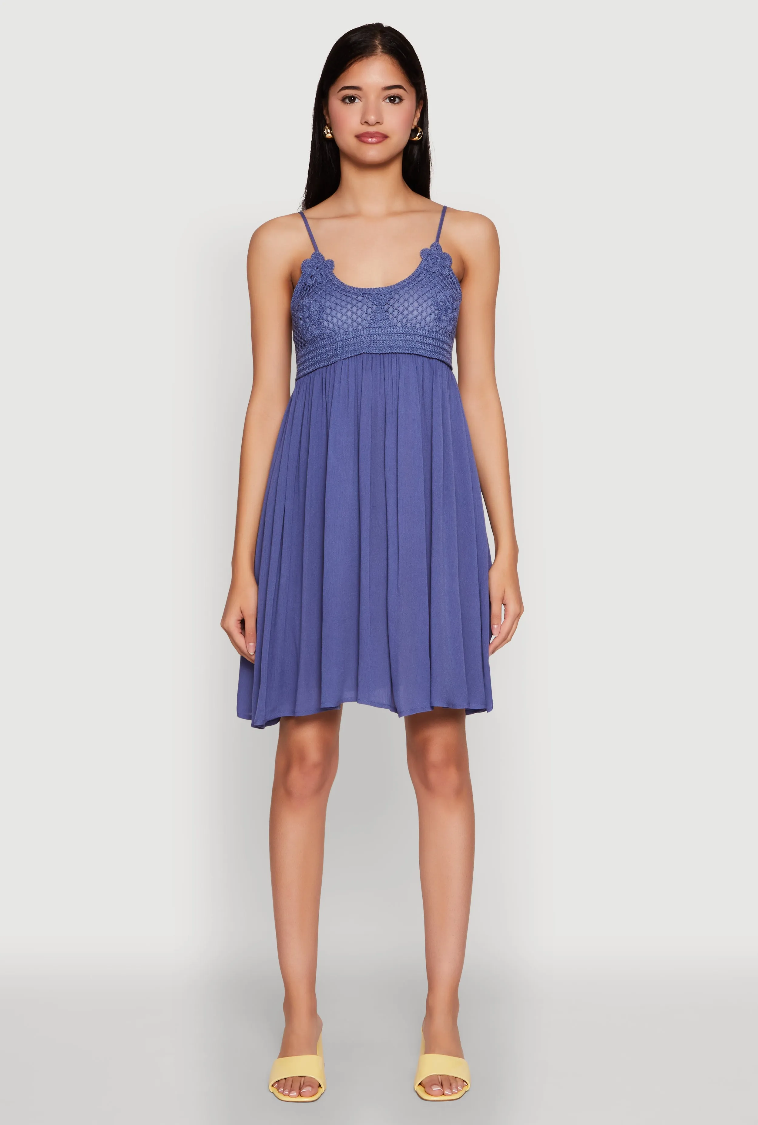 Floral Crochet Detail Empire Waist Mini Dress sold by Rainbow