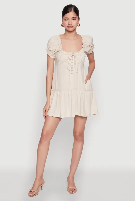 Square Neck Tie Front Mini Peasant Dress sold by Rainbow