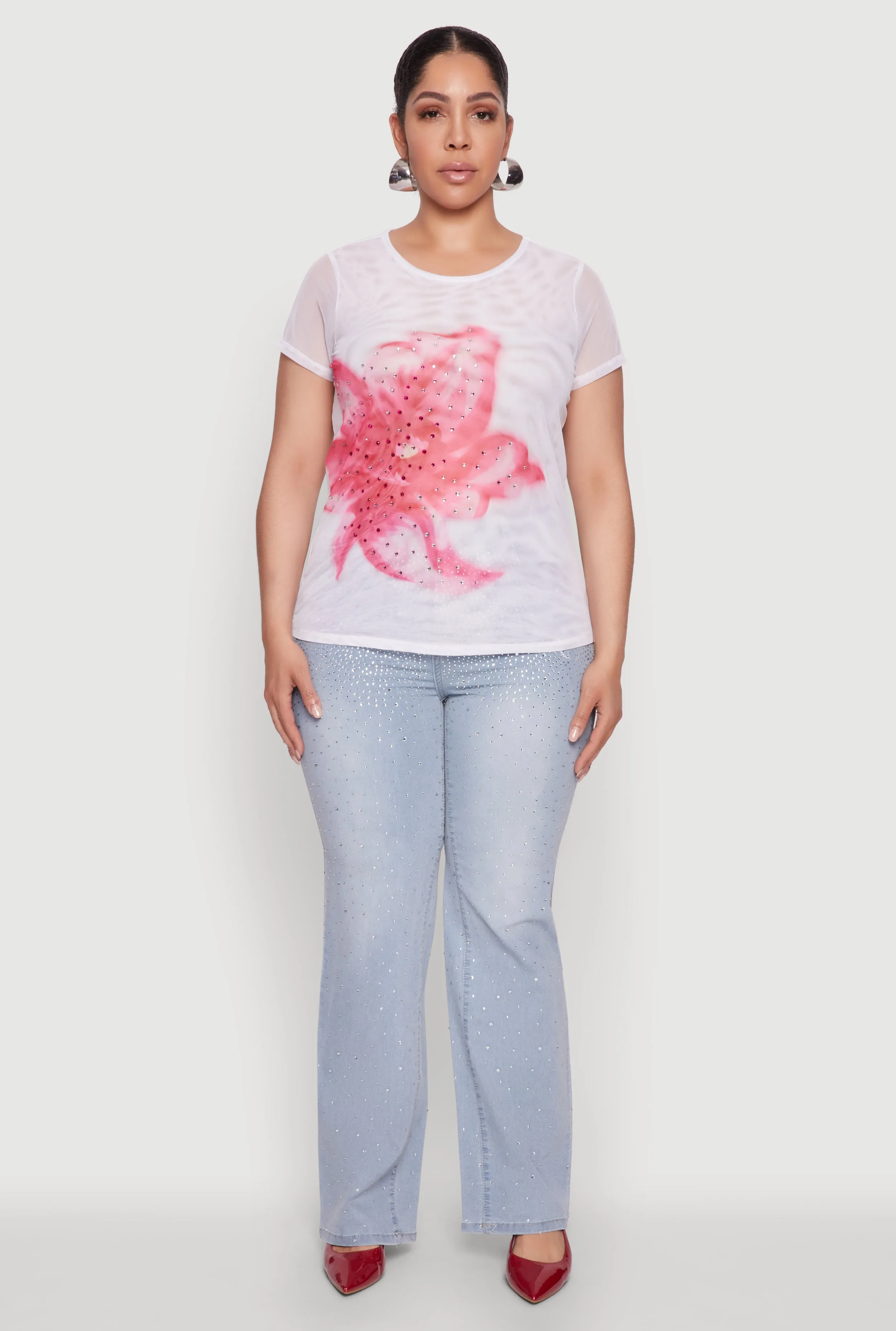 Plus Size Rhinestone Floral Print Mesh Top sold by Rainbow product image thumbnail 3