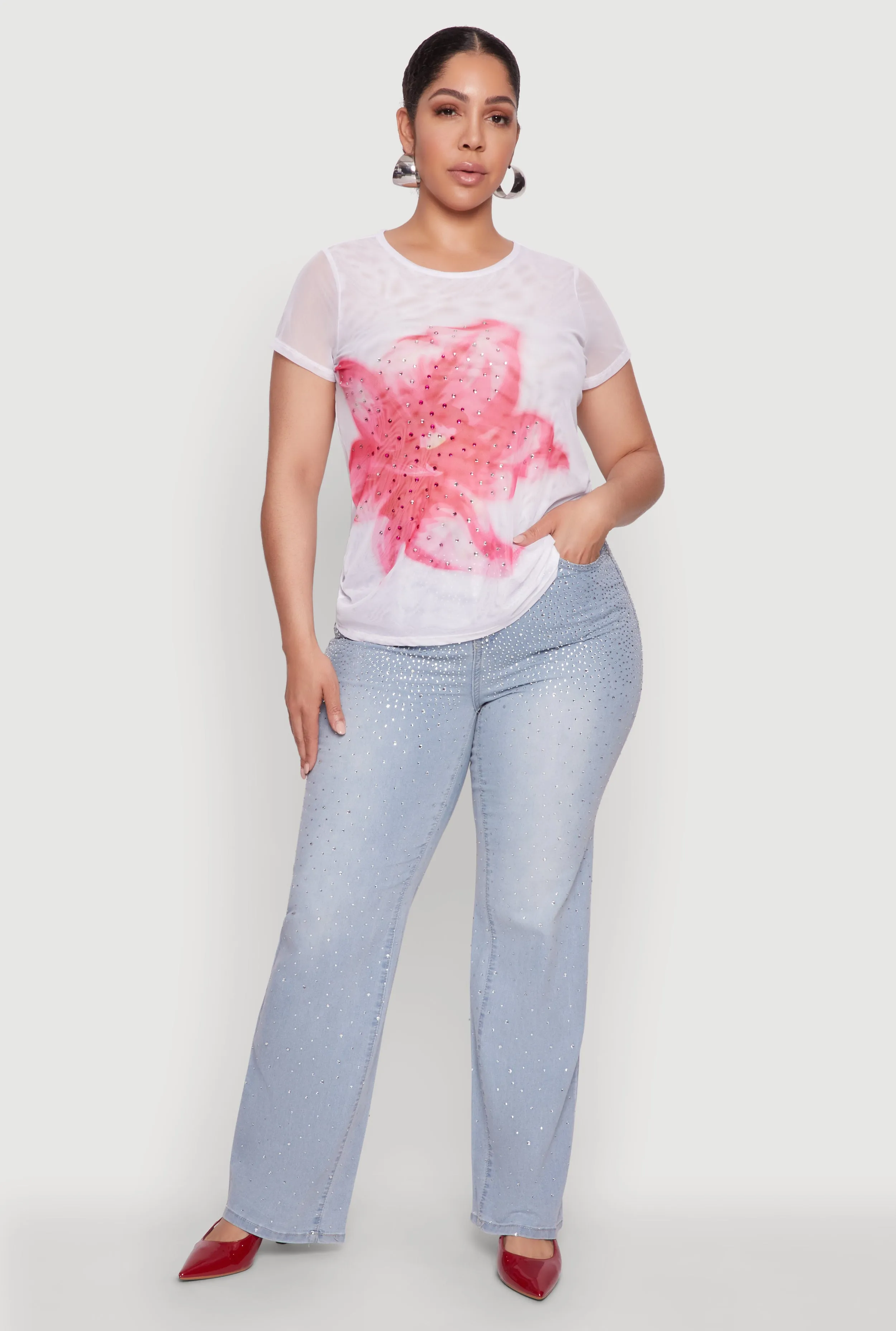 Plus Size Rhinestone Floral Print Mesh Top sold by Rainbow