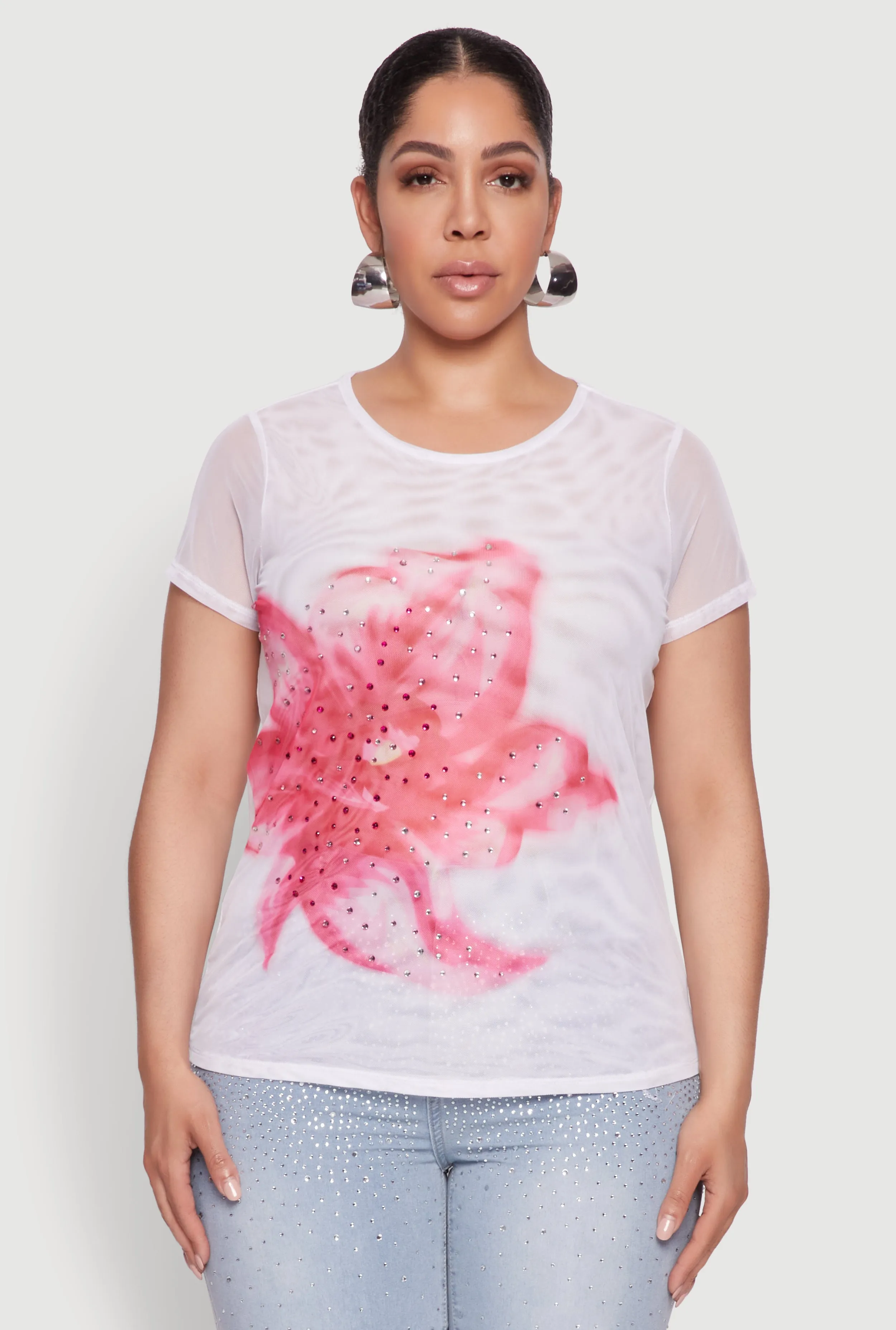 Plus Size Rhinestone Floral Print Mesh Top sold by Rainbow product image thumbnail 2