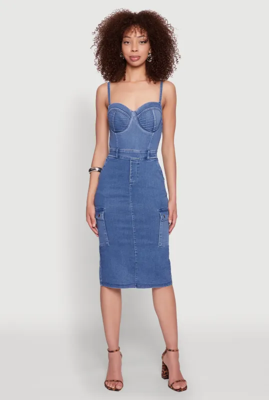 Haute Monde Denim Slit Back Cargo Bustier Dress sold by Rainbow