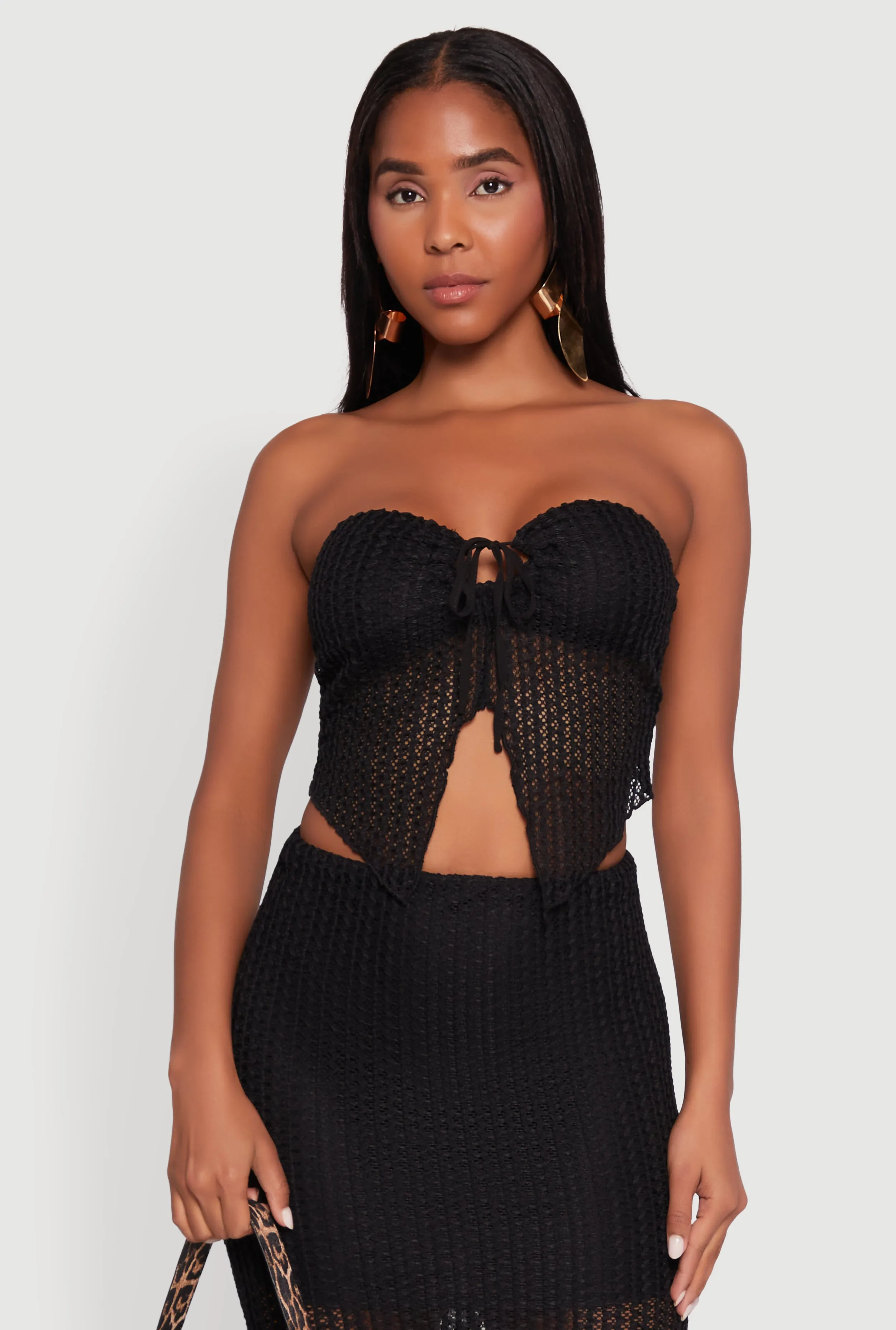 Textured Knit Tie Front Keyhole Crop Top sold by Rainbow