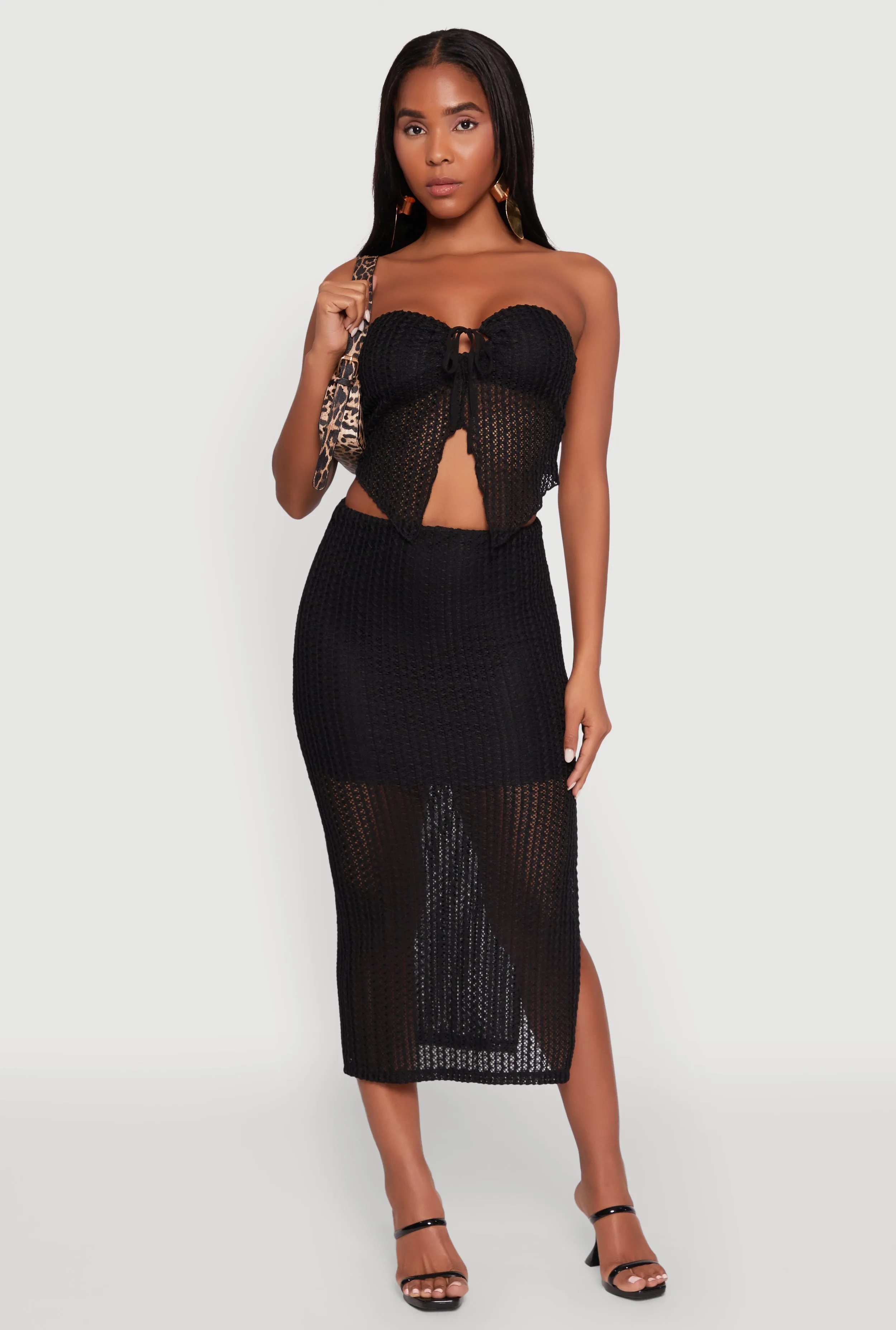 Textured Knit Tie Front Keyhole Crop Top sold by Rainbow product image thumbnail 2