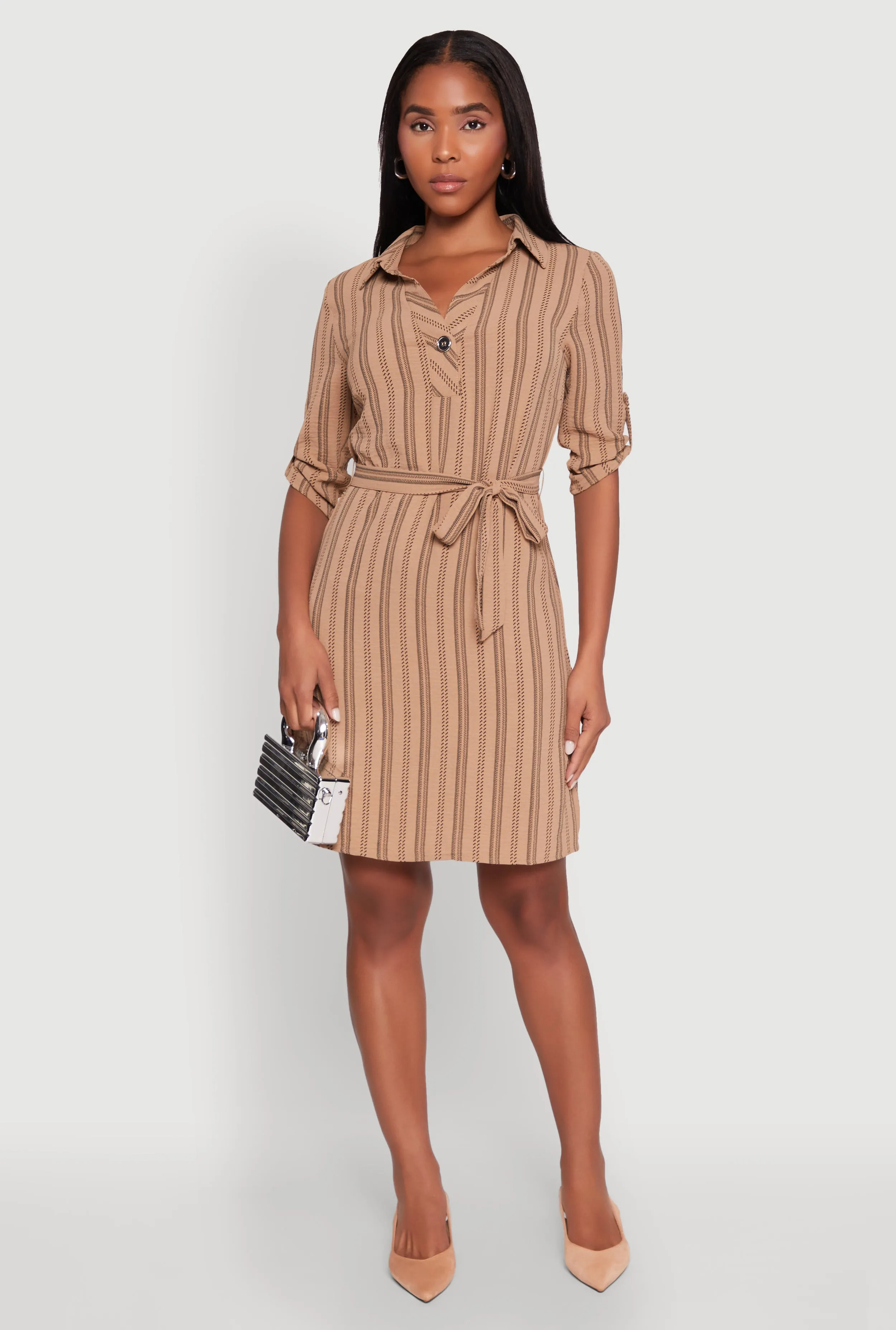 Airy Striped Tie Waist Mini Shirt Dress sold by Rainbow
