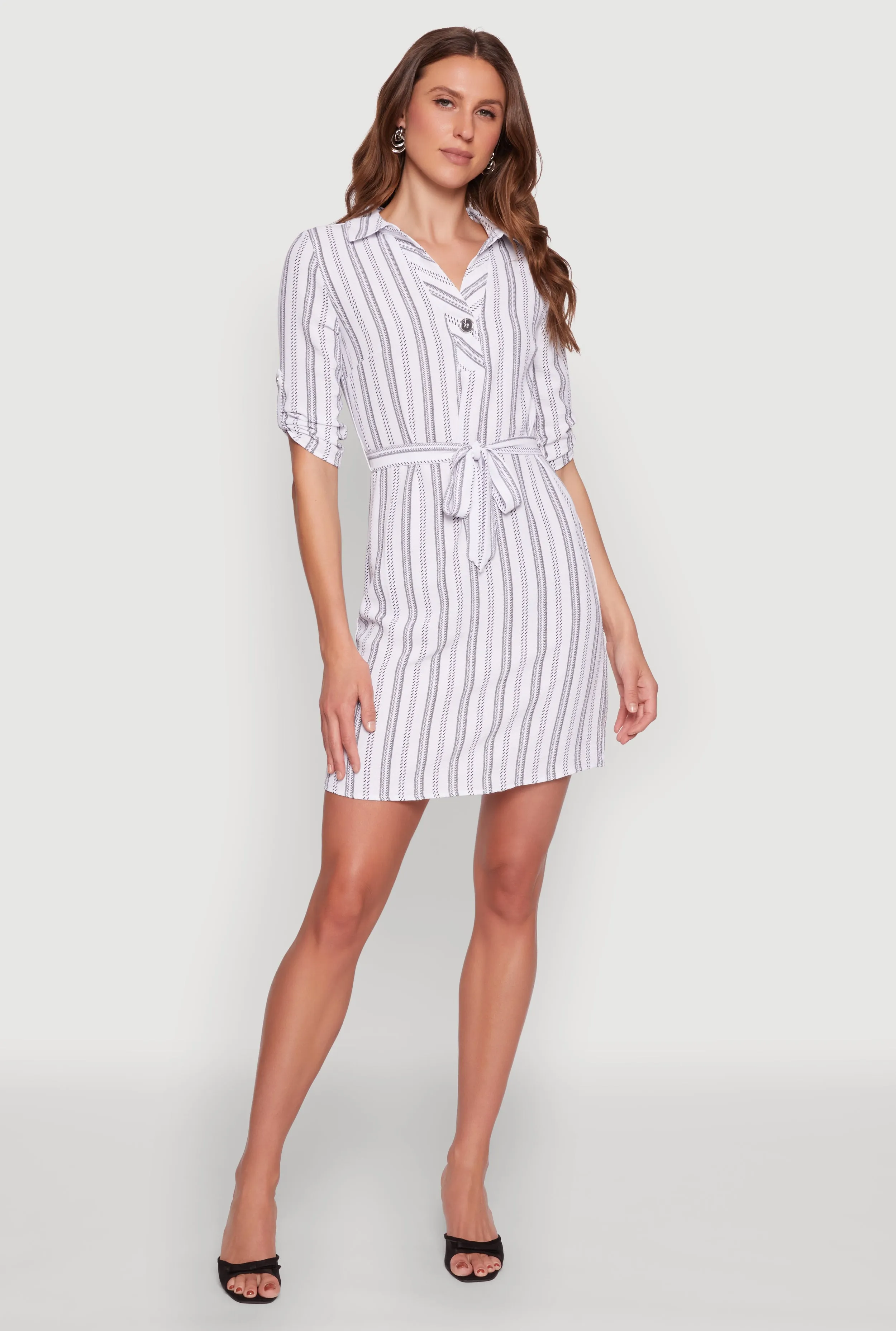 Airy Striped Tie Waist Mini Shirt Dress sold by Rainbow